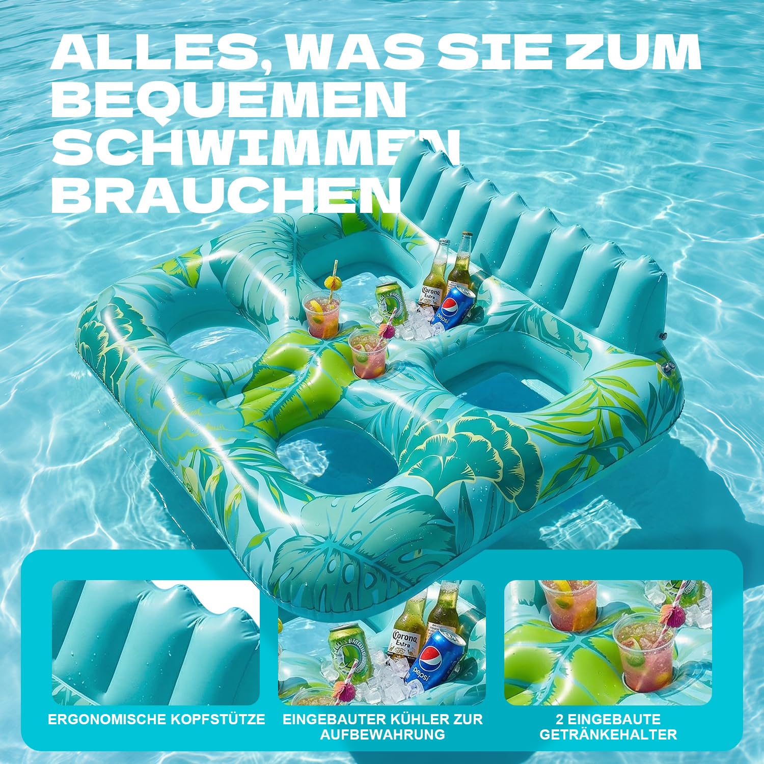 SOLAVERO Luftmatratze Pool Erwachsene 180x156cm, Groß Luftmatratze Wasser für 2 Personen mit Rückenlehne & Fußstütze, Aufblasbare Poolliege Badeinsel XL mit Getränkehaltern, Pool-Flöße für Wasserparty
