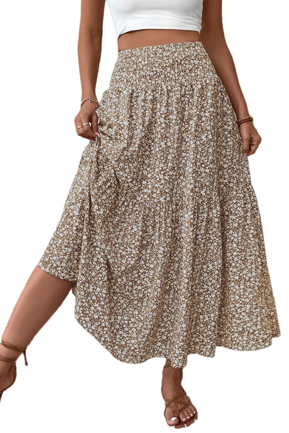 Womens Smocked High Waist Maxi Skirt Casual Boho Long Skirts with Pockets
