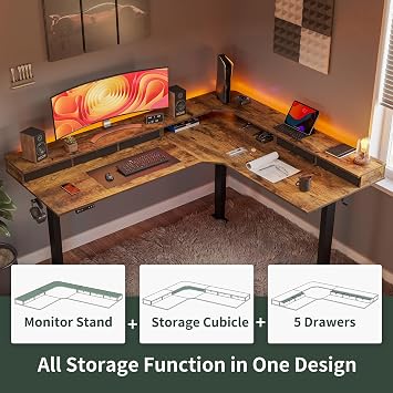 FEZIBO 75, 330lbs Load Capacity, L Shaped Standing Desk with Drawers, Reversible Electric Standing Gaming Desk Adjustable Height, Corner Stand up Desk with Splice Board, Black Frame/Rustic Brown Top