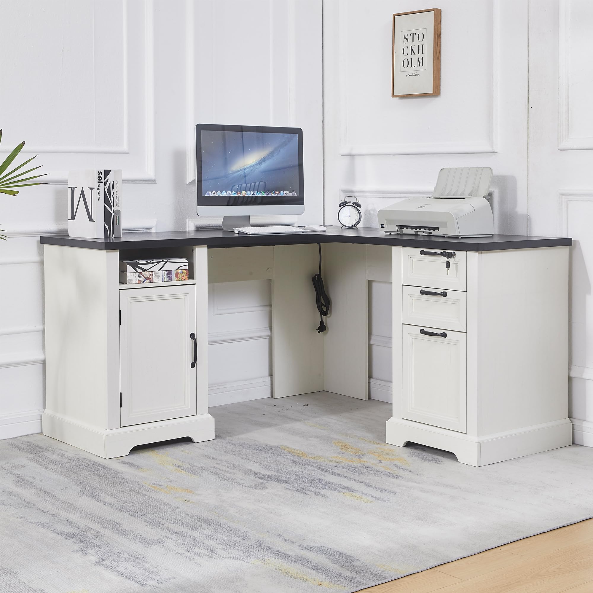 LayBurst 55” Farmhouse L Shaped Desk with Charging Station,Executive L Shaped Desk with Lockable Drawers and Storage Cabinet & Adjustable File Cabinet