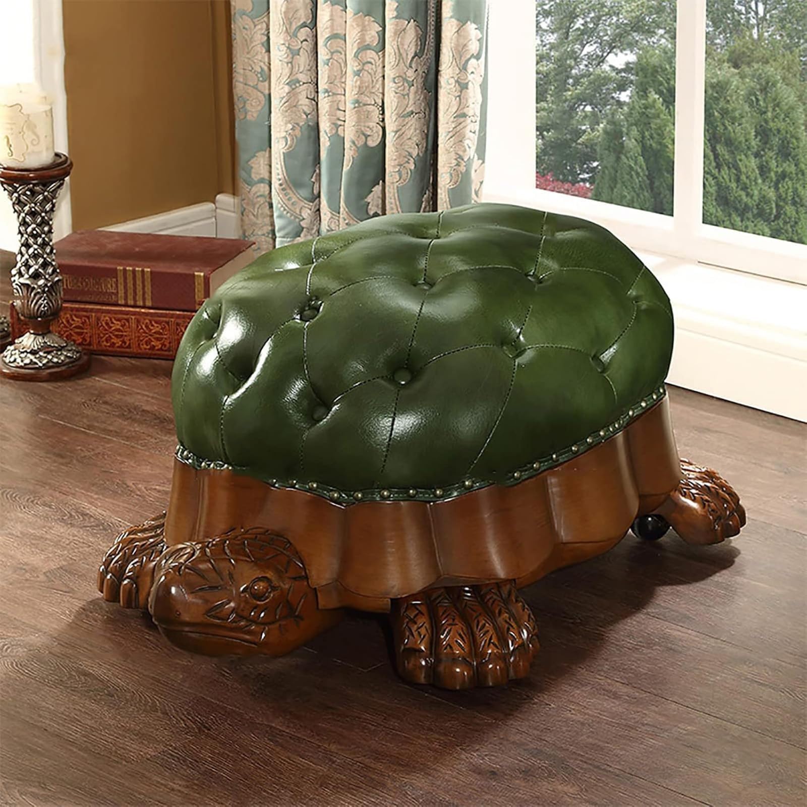 Mescxty B Solid Wood Tortoise Foot Stool,Leather Upholstered Footrest,Ottoman Footstool Sofa Stool With Wheels,Vintage Shoes Ench Seat Chair For Living Room Edroom,