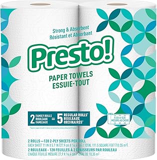 Amazon Brand - Presto! Flex-a-Size Paper Towels, 128 Sheet Family Roll, 2 Rolls (1 Packs of 2), 256 count, White