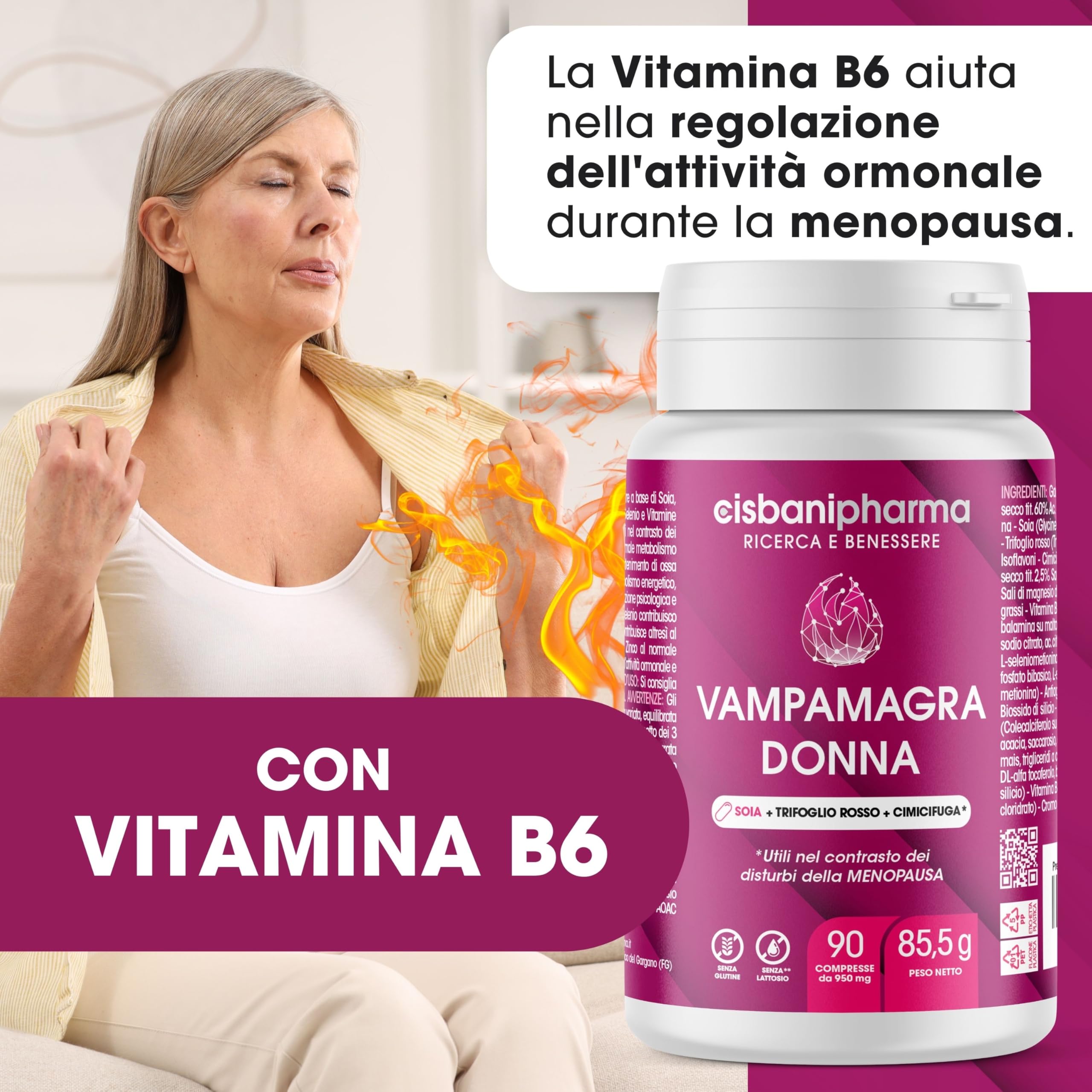 CISBANI PHARMA Vampamagra Menopausa Integratori, Regola l'Attività Ormonale grazie a Trifoglio Rosso, Cimicifuga e Soia - Riduce i Disturbi come Sudorazioni – 90 compresse