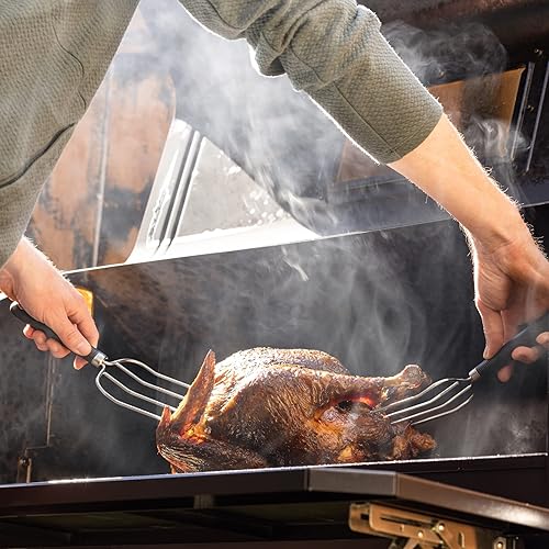 Miniatura 3 de Fire & Flavor Levantador de pavos para un manejo y corte más seguros, tenedores para carne de acero inoxidable de calibre pesado, tenedor abatible