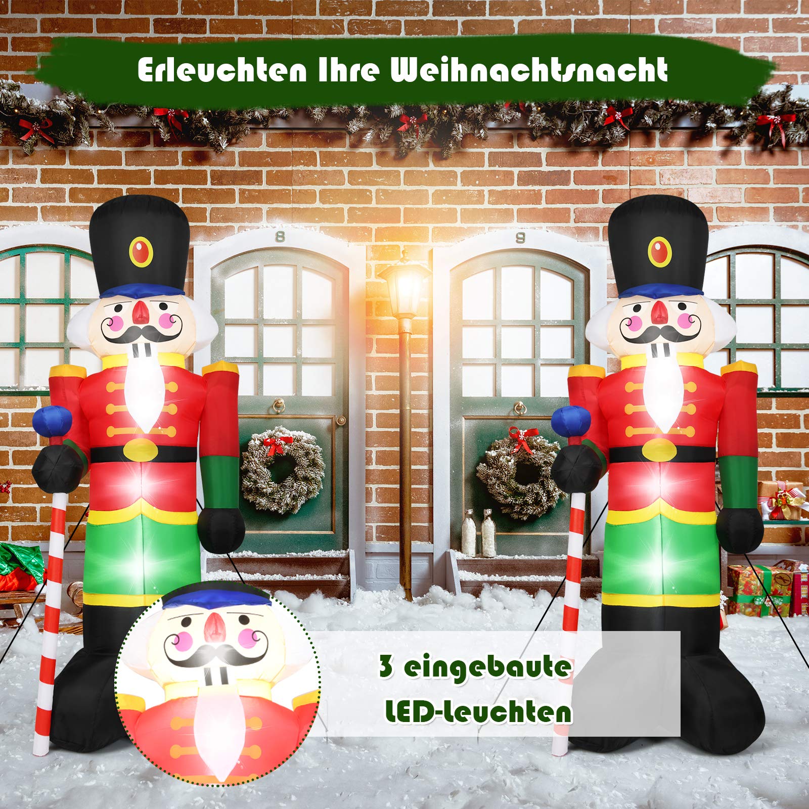 COSTWAY 240CM Aufblasbarer Nussknacker-Soldat, Weihnachtsmann Soldat mit 3 LED-Leuchten, Weihnachtsdekoration für drinnen und draußen, selbstaufblasend
