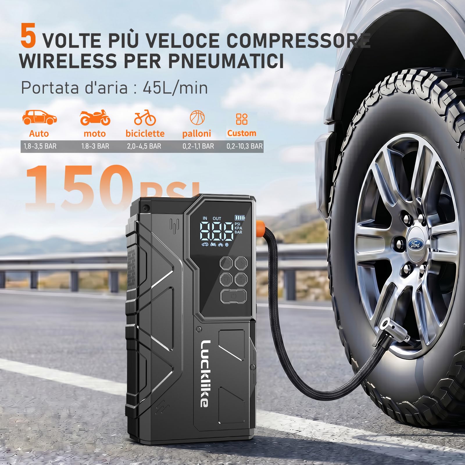 Lucklike Avviatore Batteria Auto con Compressore 150 PSI, 21800mAh Avviatore Batteria Macchina, 12V Avviatore Emergenza per Auto (ALL Gas 12,0L Diesel) Emergenza Jump Starter con LED Torcia, USB, LCD