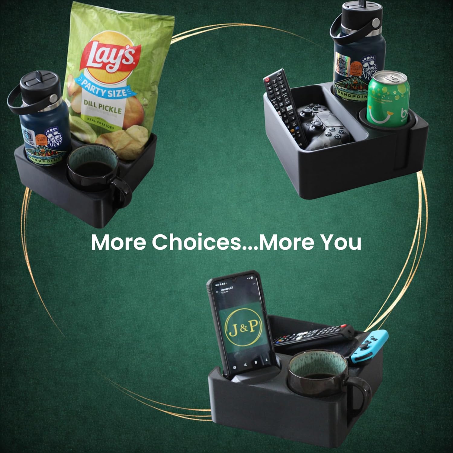 J&P Home Goods Magnetic Double Couch Cup Holder and Organizer, Sofa Caddy w/Magnetic Base, Holds Large Water Bottles, Coffee Mugs, Soda Can, Chips and Snacks, Free Accessory Included for Phone or Can - Image 2