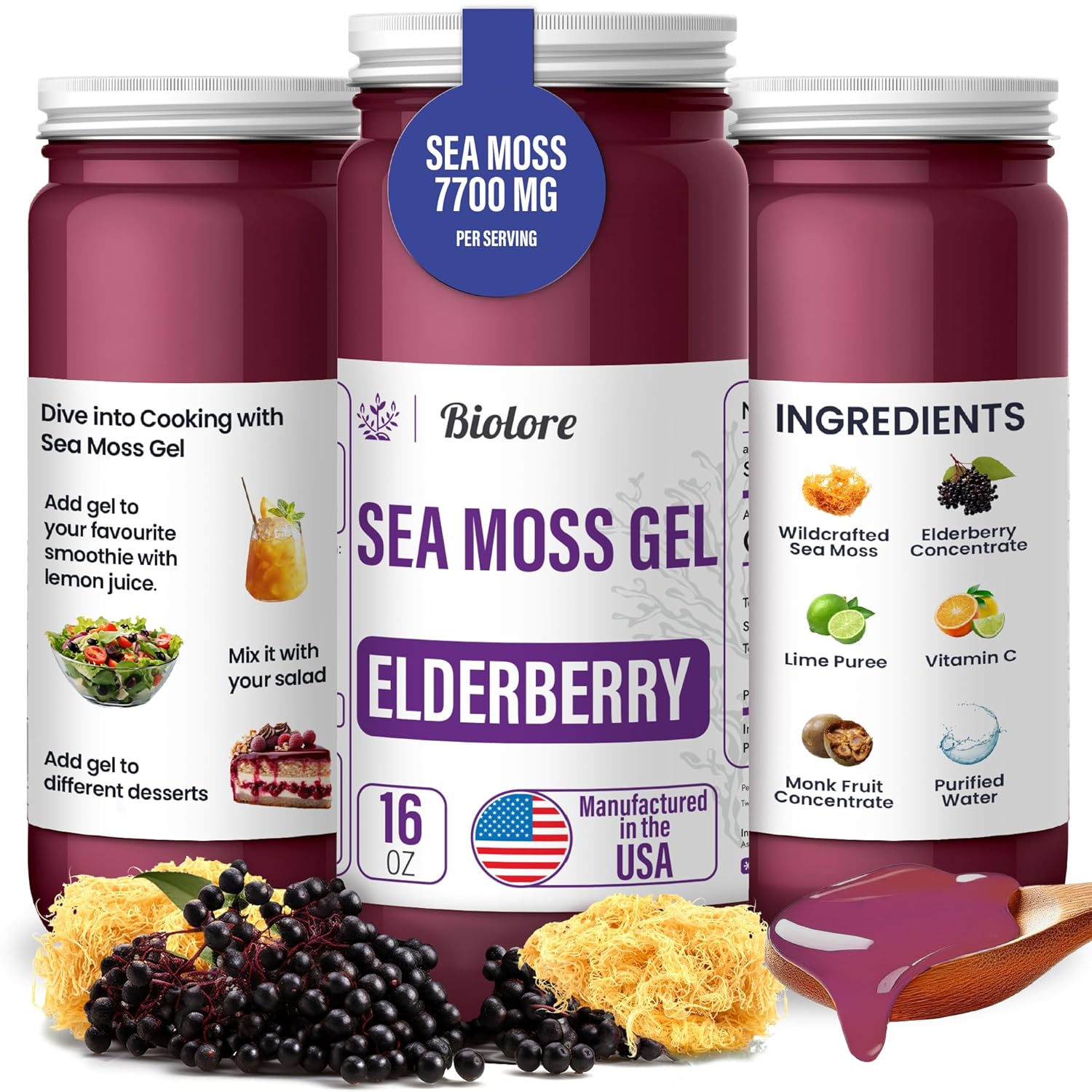 Biolore Sea Moss Gel 7700mg Elderberry 750mg Made in USA Raw Wildcrafted Irish Seamoss Essential Vitamins Trace Minerals Vegan Superfood for Immune Support Sea Moss Advanced (Elderberry 16OZ)