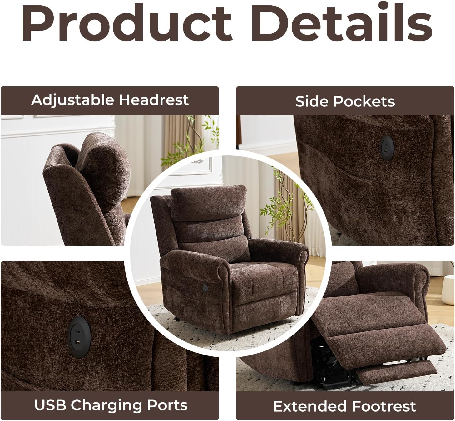 Close-up images of the chair's USB charging ports, side pockets, and extended footrest