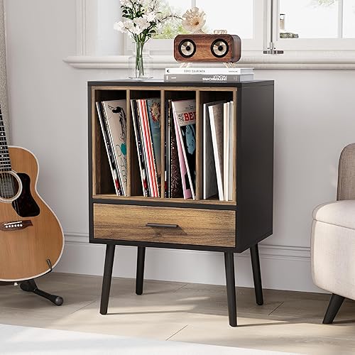 Soporte para tocadiscos negro con caja de almacenamiento de vinilo anidable, mesa auxiliar de almacenamiento de discos de vinilo con cajón, soporte