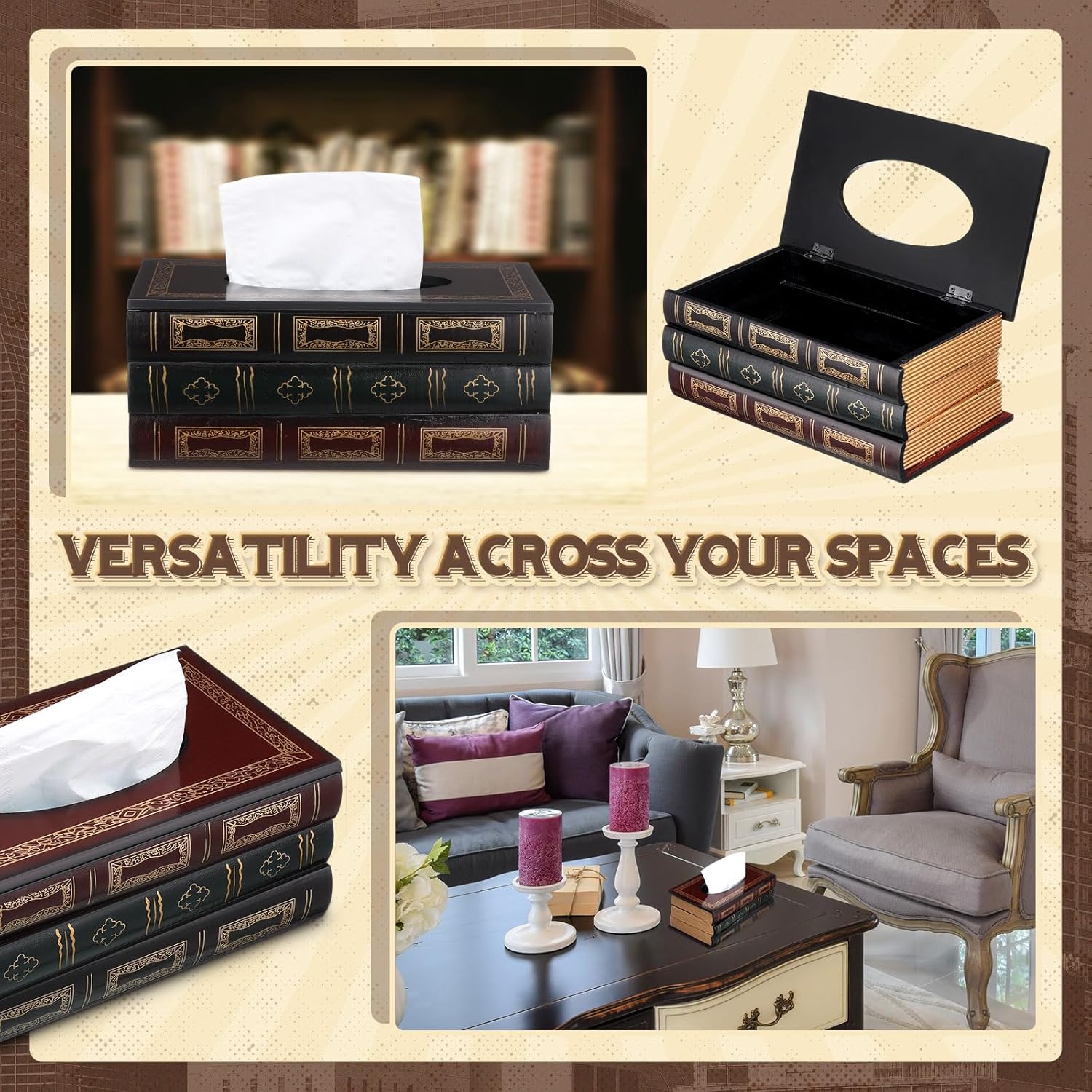 2 Pcs Wooden Retro Book Tissue Box Cover Antique Tissue Box Cover Rectangular Classical Novelty Toilet Paper Holder Dispenser Medieval Home Decor for Bathroom Living Room Office Car Kitchen