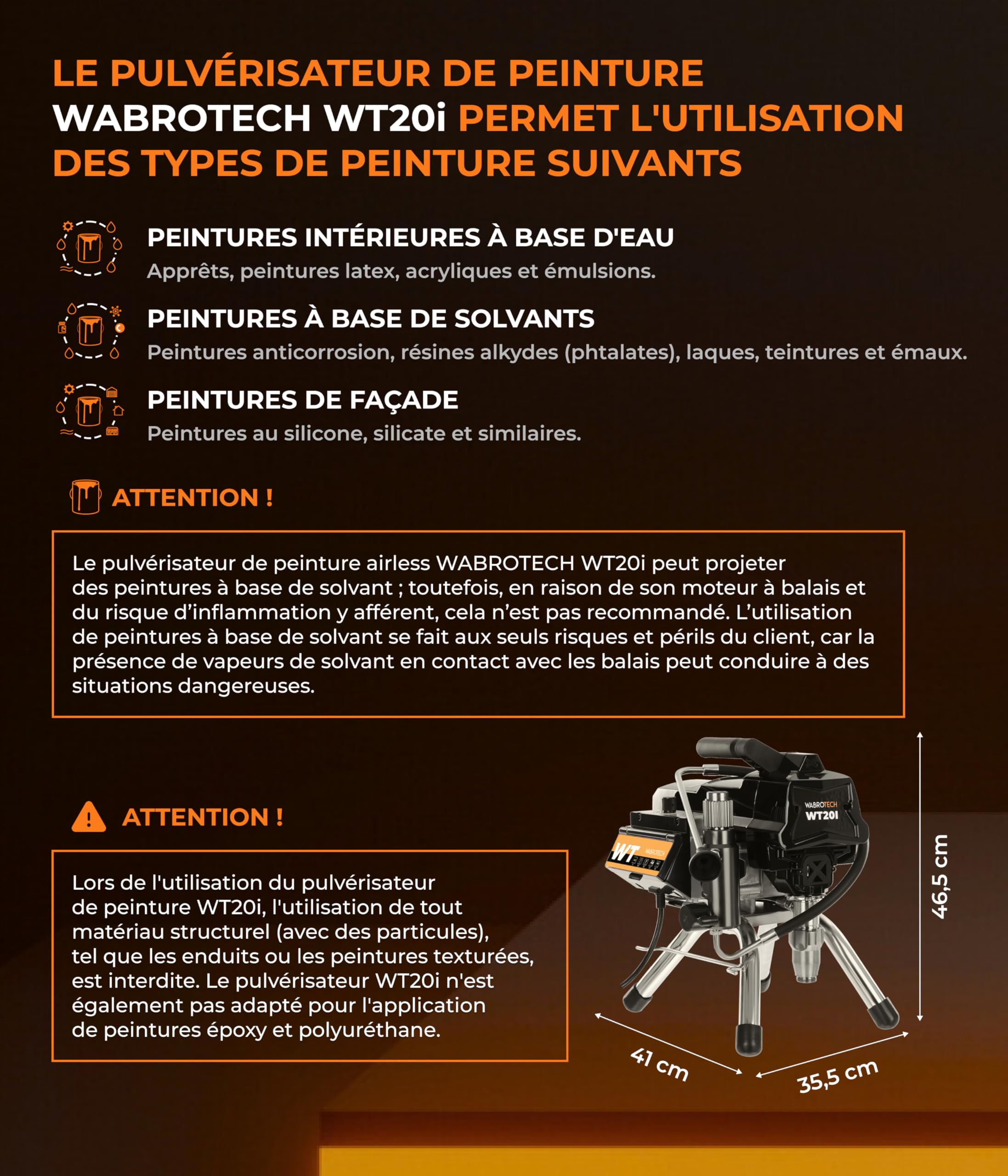 WT20i Airless Peinture 1100 W - 3045 PSI / 210 Bar Pulvérisateur de Peinture Airless - 2 L/Min Pulvérisateurs de Peinture - 30000 m²/an Pistolet a Peinture Electrique avec Tuyau de 15 m