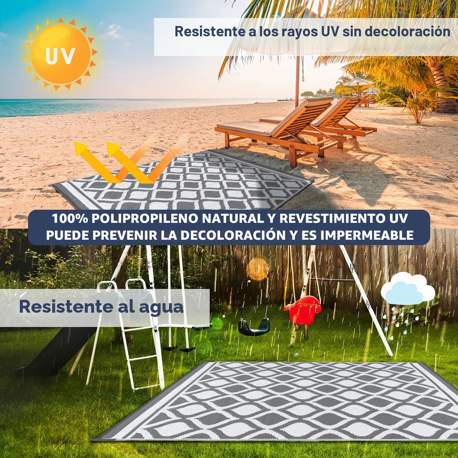 VK·LIVING Alfombra Exterior 120X180cm Impermeable Reversible Duradera & UV Resistente Moderna Portátil Ligera para Alfombra de Exterior Balcón Camping Patio RV Gris&Blanco