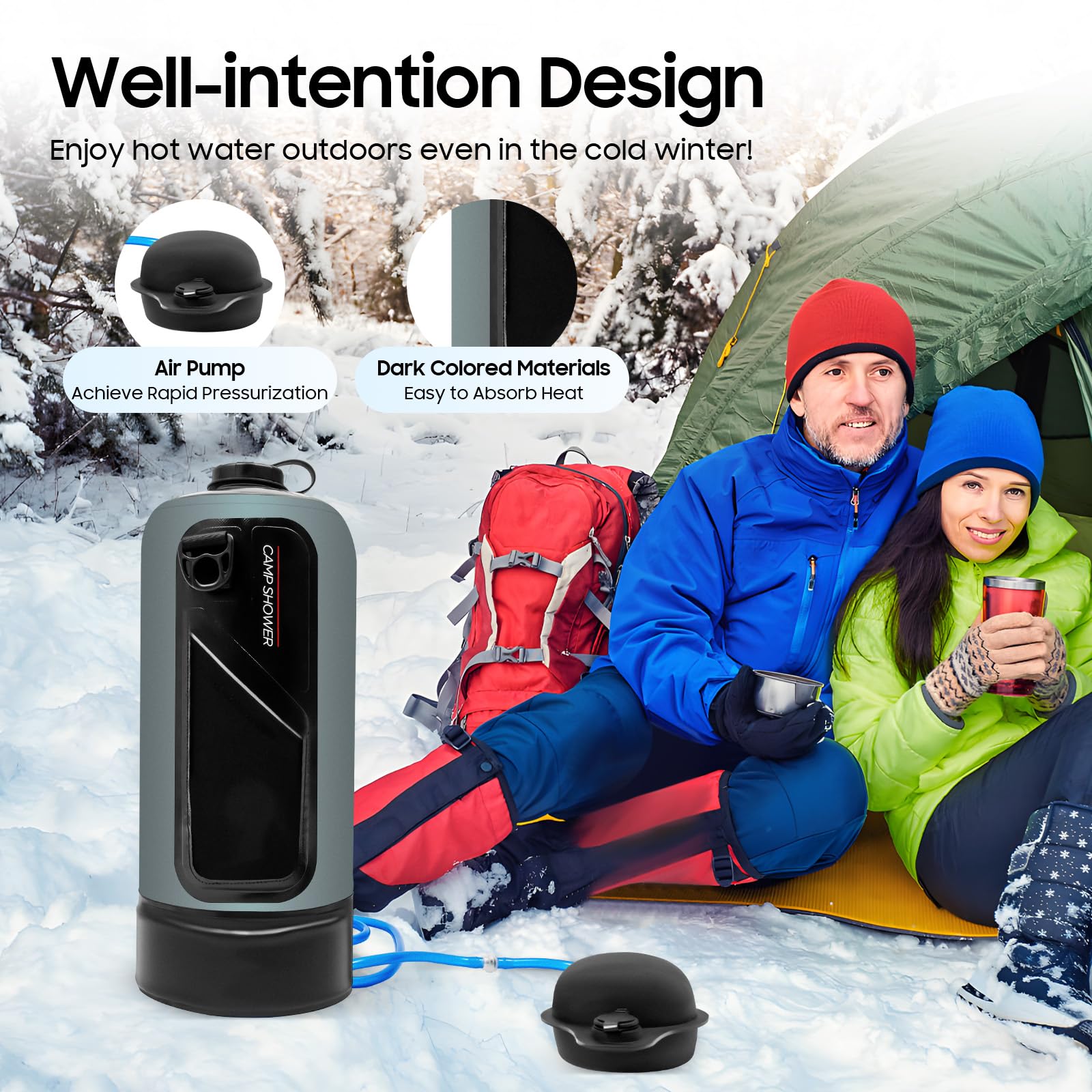 EurHomePlus Portable Pressure Camping Shower, 3Gal 12L Outdoor Camp Pressure Shower w/Hose & Air Pump & Detachable Shoulder Strap for Hiking Camping