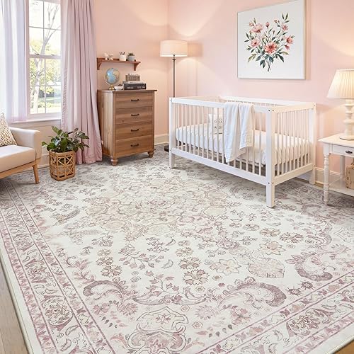 Miniatura 35 de Wonnitar Alfombras rosas para dormitorio, niñas, guardería, alfombra lavable con estampado floral de 5 x 7 pies, bohemio, ultrafina, antideslizante,