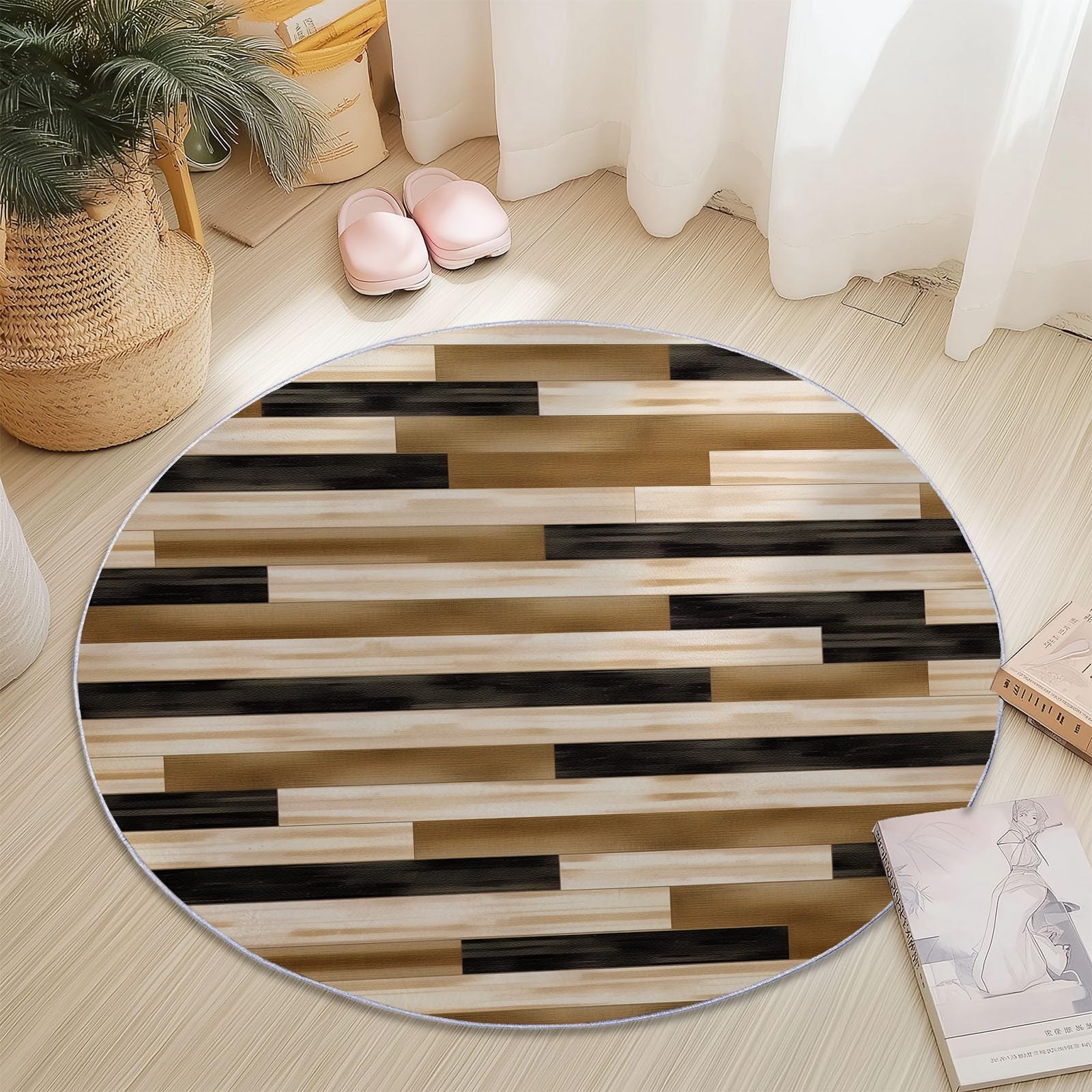 Tappeti Rotondi per Soggiorno, 120 cm, Moderni, Astratti, a Righe, Lavabili, per Camera da Letto, Tappeto a Pelo Corto, Sottile, Antiscivolo, per Sala da Pranzo, cameretta Bambini,