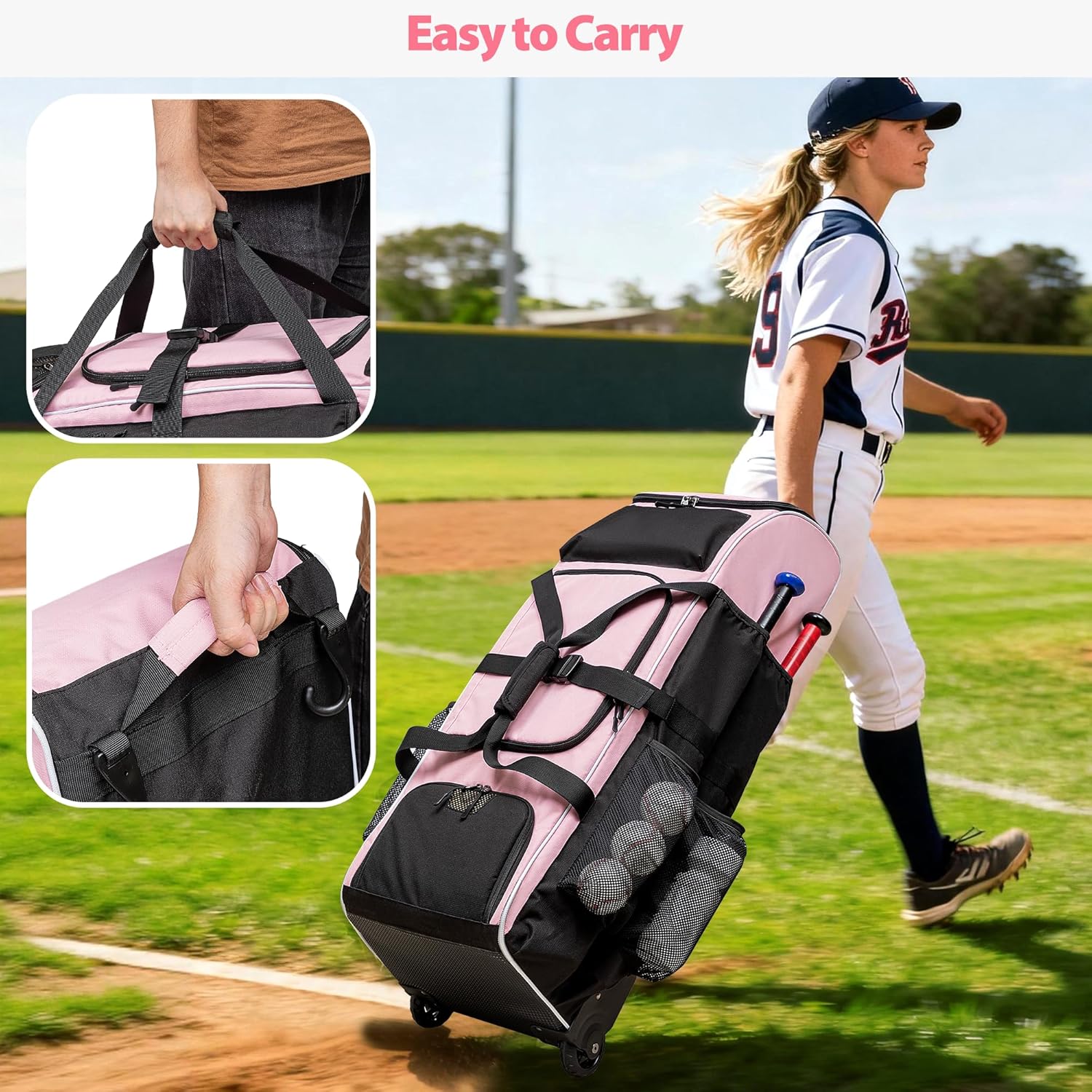 Rolling Baseball Bag with Wheels for 4 Bats, Softball Equipment Bags with Shoe Compartment and Glove Pocket, Large Baseball Catchers Gear Bag with Hook, Pink - Image 5