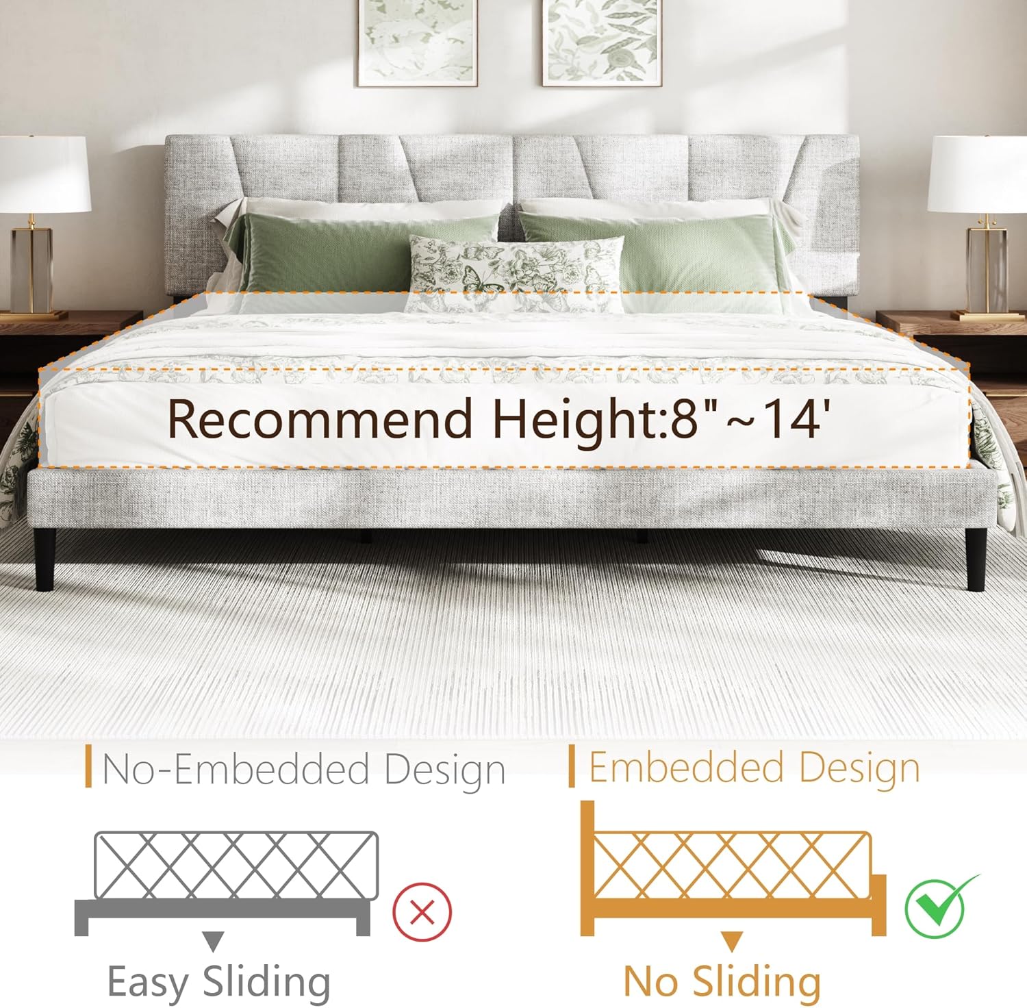 Queen Size Bed Frame, Linen Upholstered Platform Bed with Headboard, Strong Wooden Slats Support, Noise-Free Mattress Foundation, No Box Spring Needed, Easy Assembly, Gray