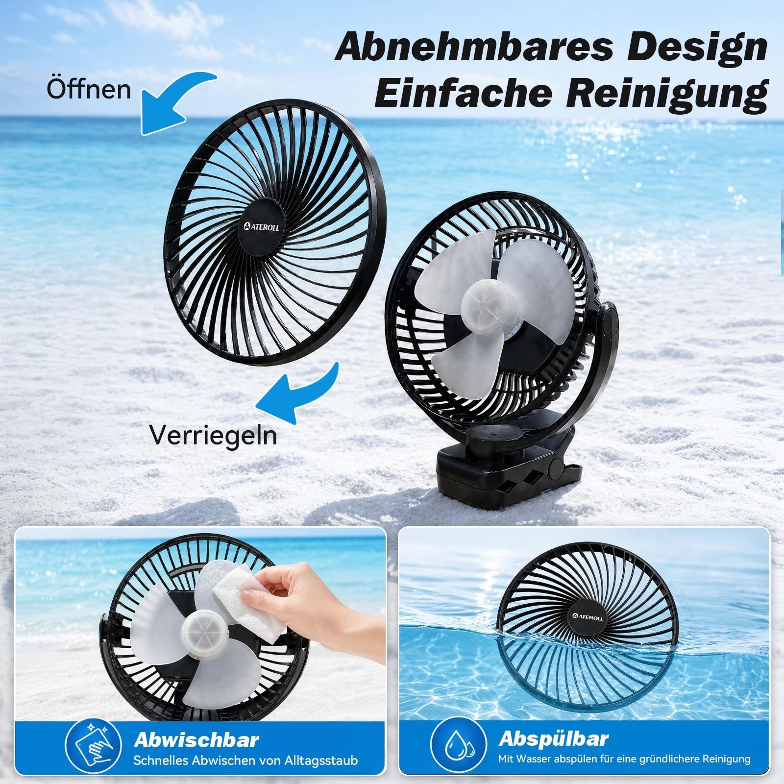 Ateroll 10000mAh Clip Ventilator mit Fernbedienung, 20CM 3 Geschwindigkeiten USB Akku Timer LED 360° drehbar Tischventilator