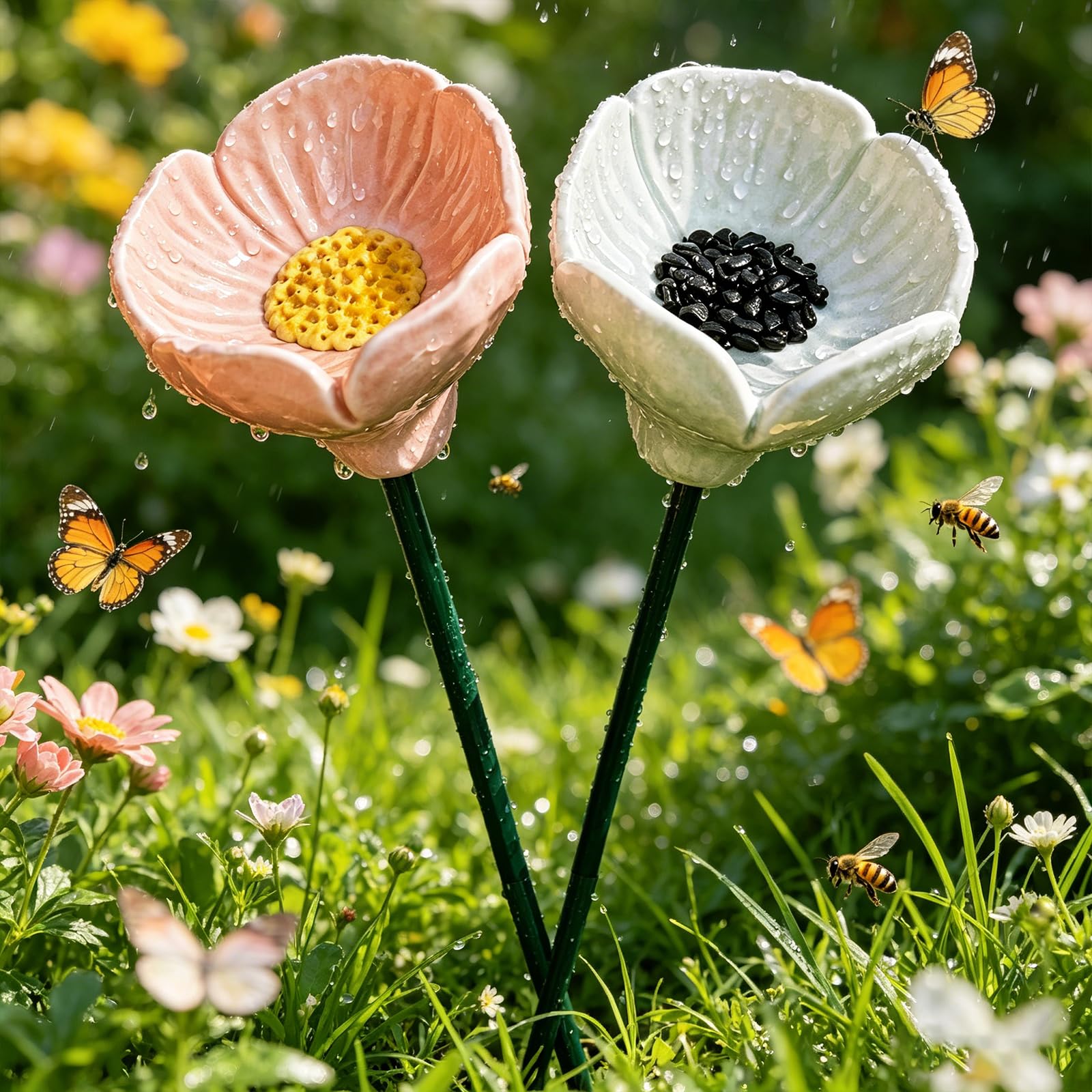 Handcrafted Ceramic Bee Watering Station, Mini Floral Pollinator Water Feeder, Weatherproof Butterfly Bird Bath Stake Ornament for Patio Lawn Balcony Planters Outdoor Garden-2PCS-T