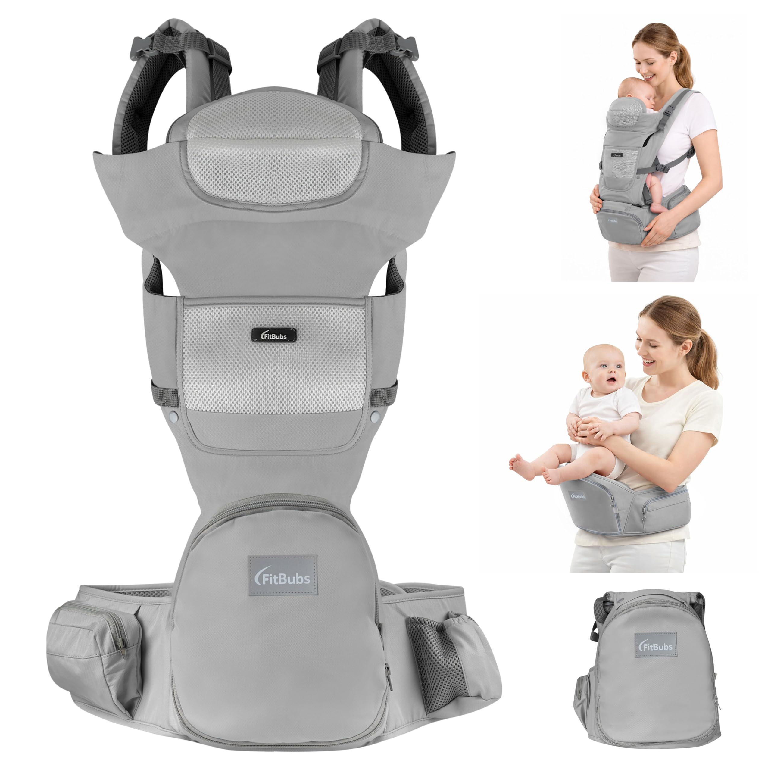 Porte-bébé avec siège hanche - Ergonomique et respirant - Porte-bébé avant et hanche pour bébés et tout-petits (gris clair)