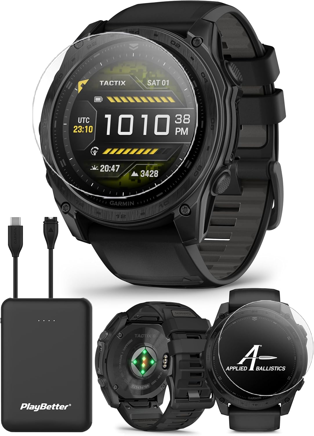 Garmin tactix 8 AMOLED (51mm) Premium Tactical GPS Smartwatch Bundle - Includes Applied Ballistics Ultralight Solver, Built-in LED Flashlight with PlayBetter Portable Charger & HD Screen Protectors