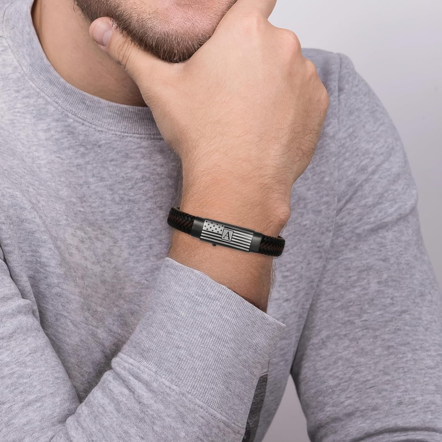 Easter Basket Stuffers-Leather Bracelet for Mens American Flag Genuine Leather Bracelet for Men Initial Bracelet Jewelry Gift for Men - Image 4