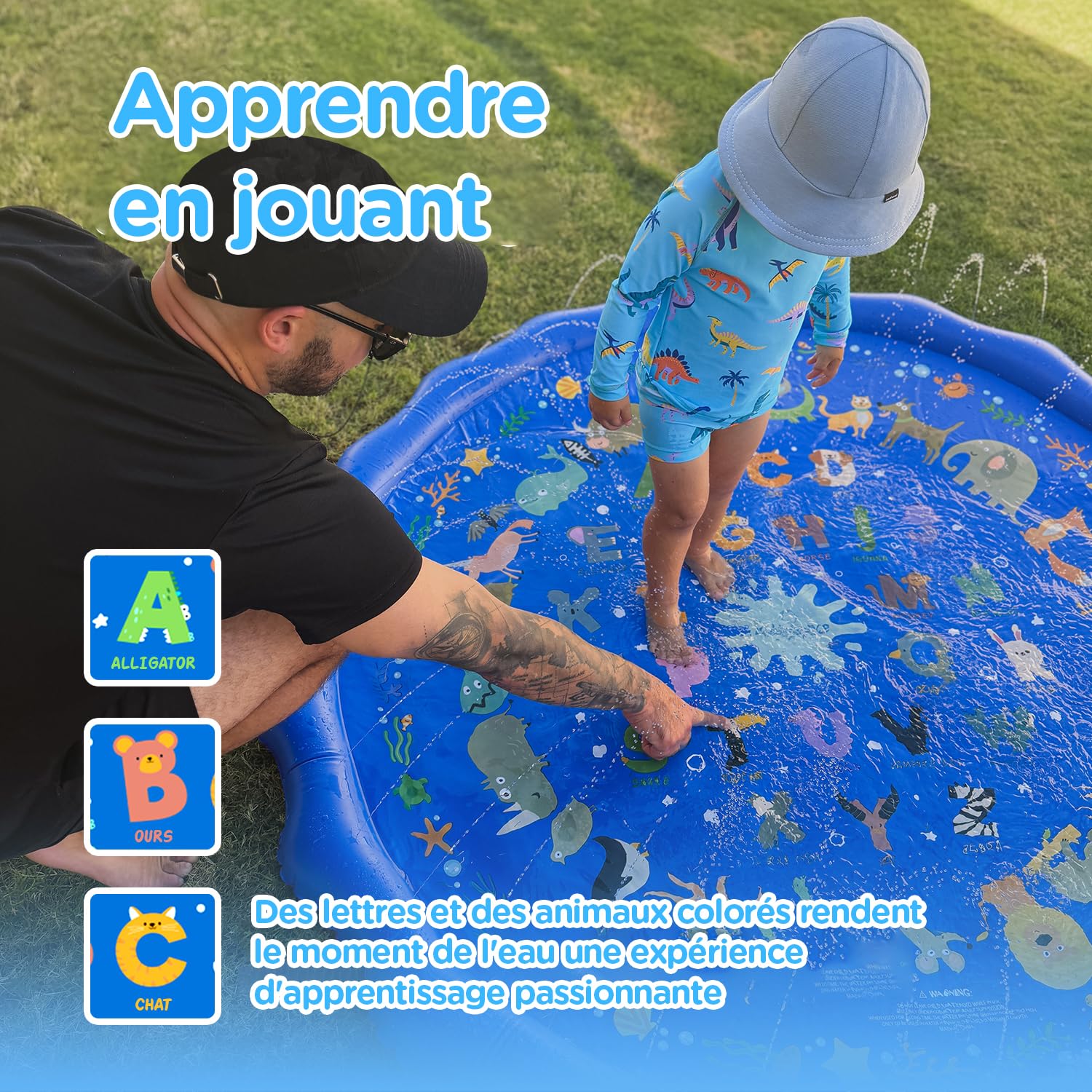 Tapis Aquatique antidérapant KiddoSpace Splash Pad avec Motifs éducatifs, idéal pour l’été en extérieur, Cartes d’Apprentissage et kit de réparation Inclus, sans BPA, Parfait pour bébés et Enfants.