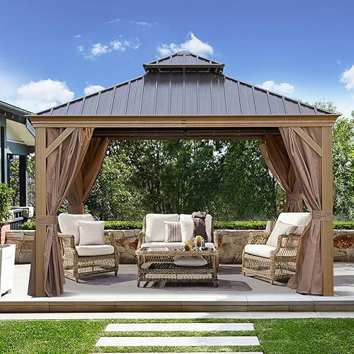 Cenador permanente de 12 x 12 pies, con techo rígido de aluminio, con techo doble de acero galvanizado, con cortinas y malla para patio, patio