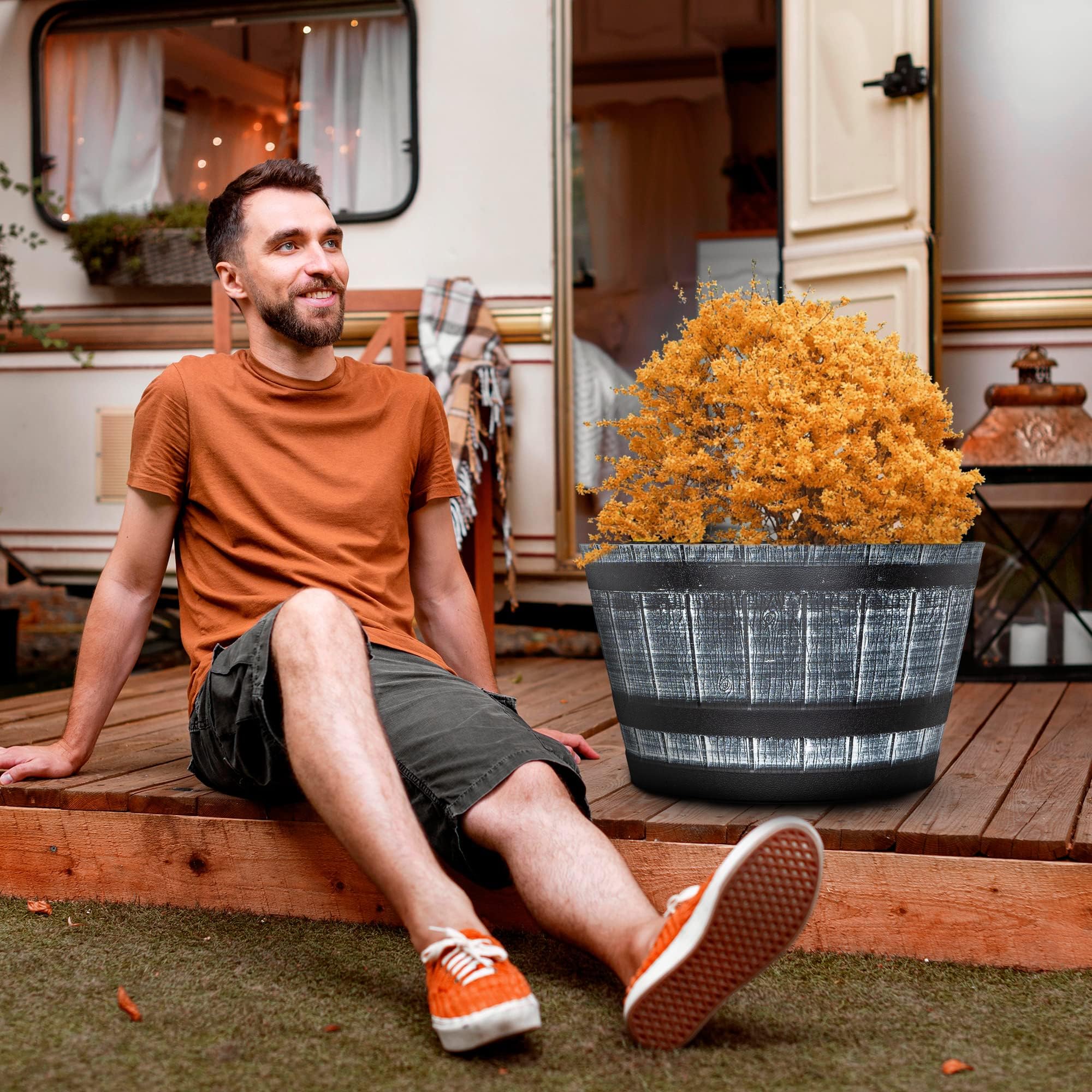 SG Traders Large Half Barrel Cask Planter, Indoor Plant Pot with Drainage Holes, Flower Pots Outdoor Garden Planters - Image 7