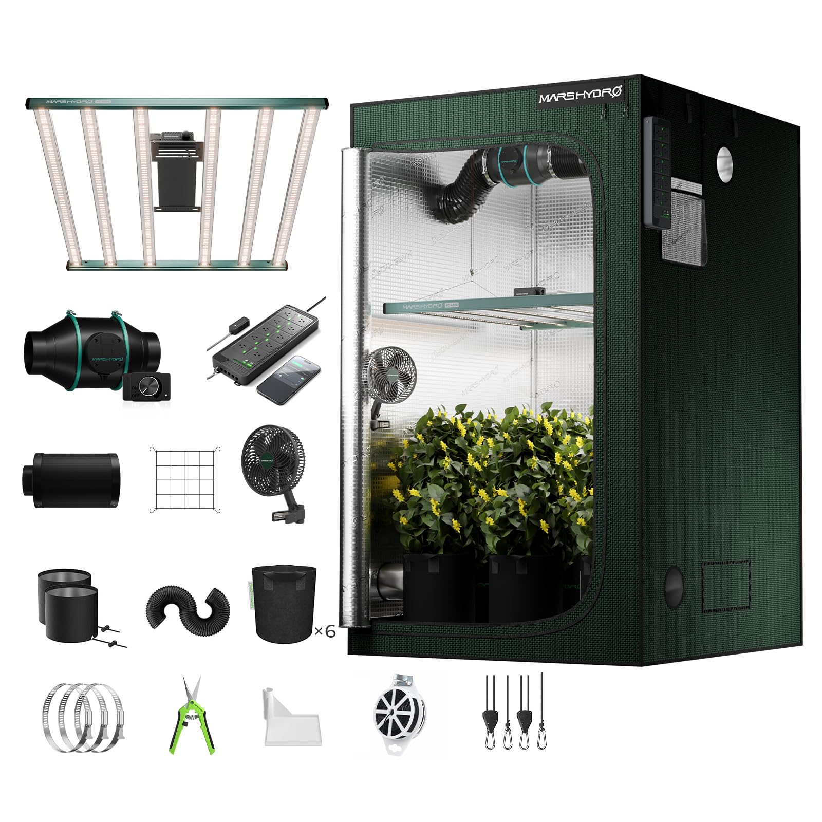 MARS HYDRO Smart Growzelt Komplettset Pro mit 10AC Power Strip,480W FC4800 APP Dimmer Wachstumslicht,120X120X200cm 2000D Hohe Reflektivität Grow Box Komplettset,6" Automatik-Lüftungskit
