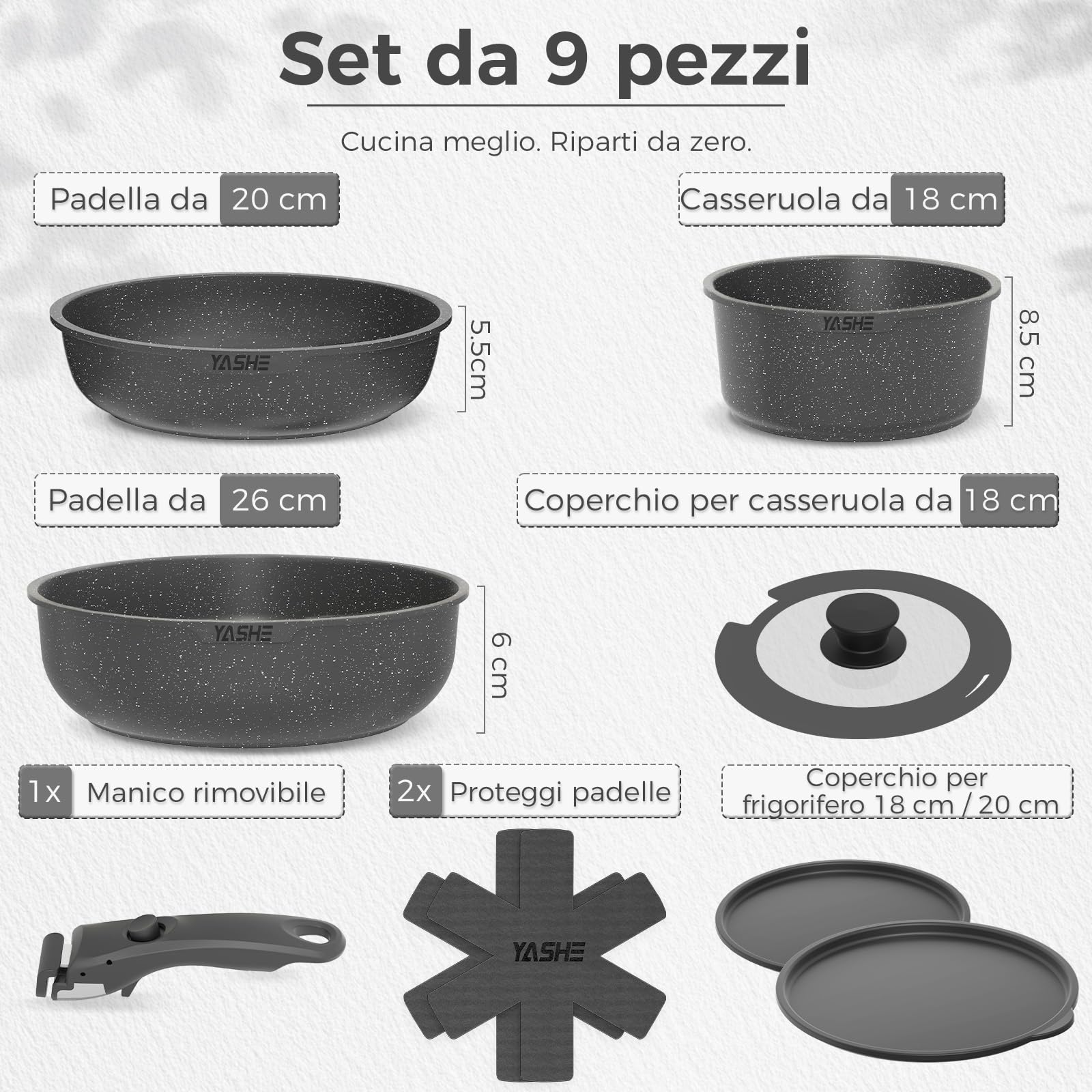 YASHE Batteria Pentole 9 Pezzi, Set Antiaderente con Manici Amovibili e Coperchi, Pentole Impilabili Salvaspazio, Compatibile Induzione e Tutti i Piani Cottura, Lavabile in Lavastoviglie, Nero