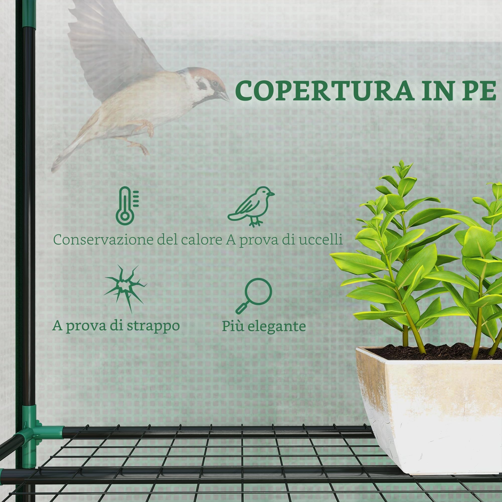 Outsunny Serra mini appoggiata Copertura in PE 215x46x151 cm Verde | Rinforzata, portatile, serra da interno/esterno, 3 porte a rotolo, 3 piani 9 mensole in filo