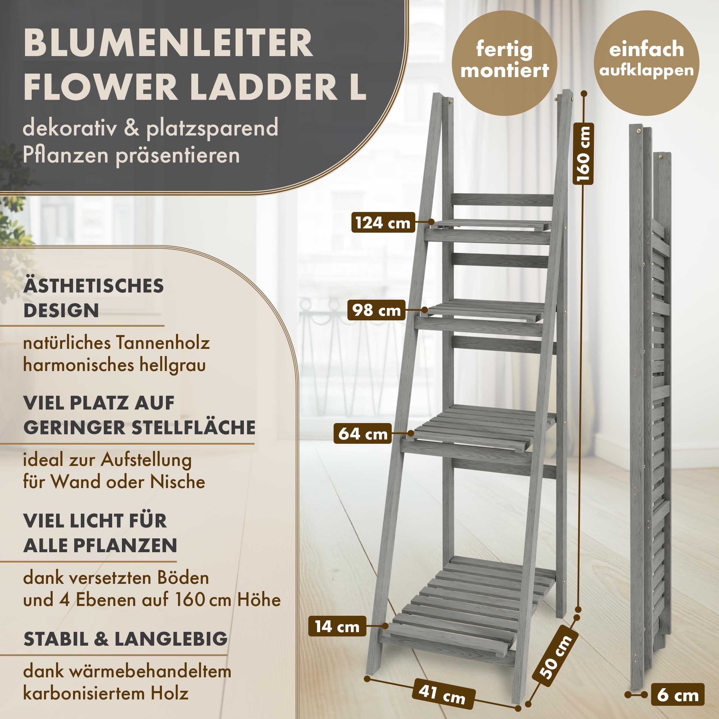 Échelle à fleurs L 160 x 41 x 50 cm Gris clair – Étagère en bois naturel à 4 niveaux Étagère à fleurs Étagère à plantes Étagère à herbes pour l'intérieur et l'extérieur Balcon Terrasse
