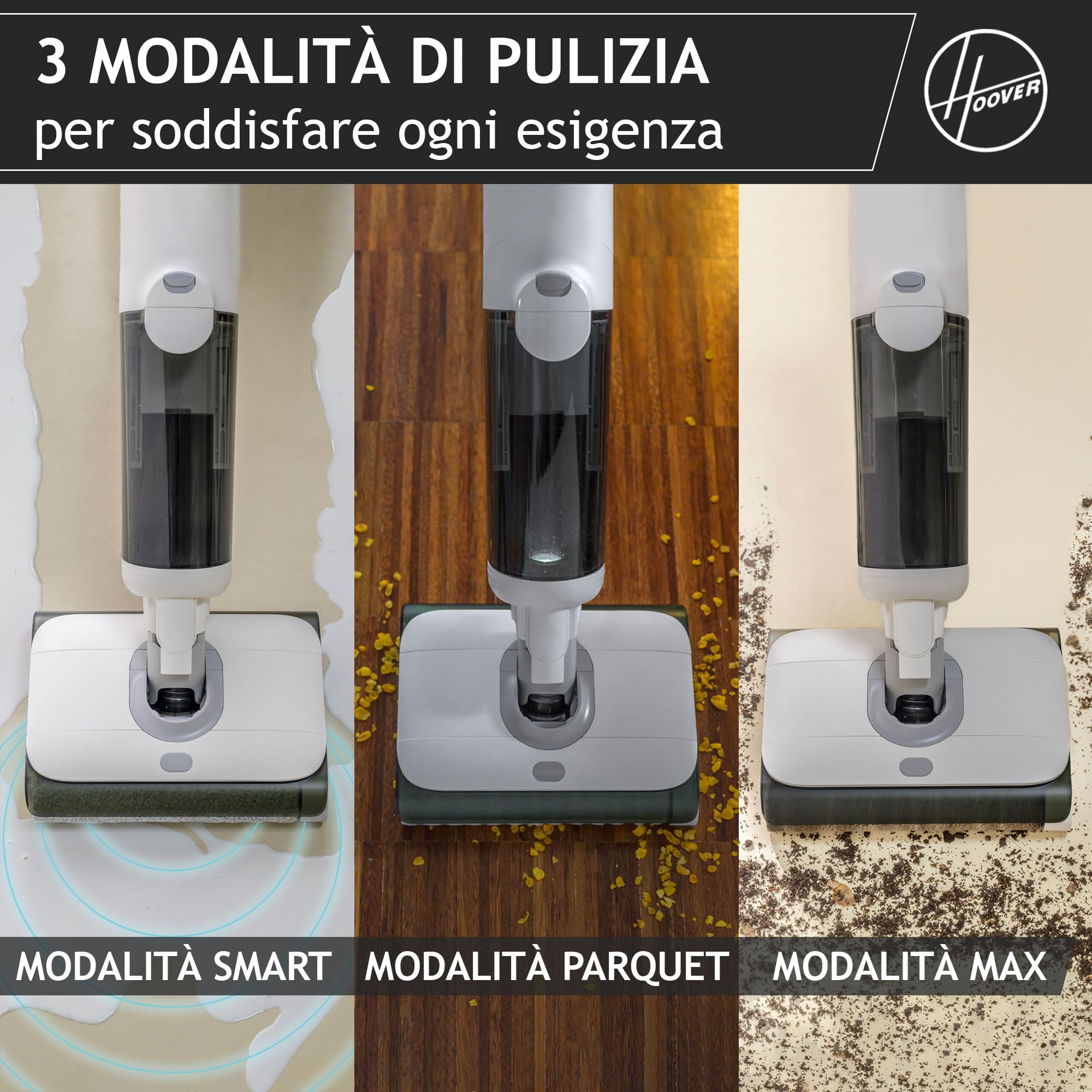 Hoover Lava e aspira Pavimenti Senza Fili, 2 in 1 per Pavimenti Duri, Aspirapolvere e Lavapavimenti, Doppi Rulli, Rilevamento Intelligente dello Sporco, Docking Station Autopulente[HW500]