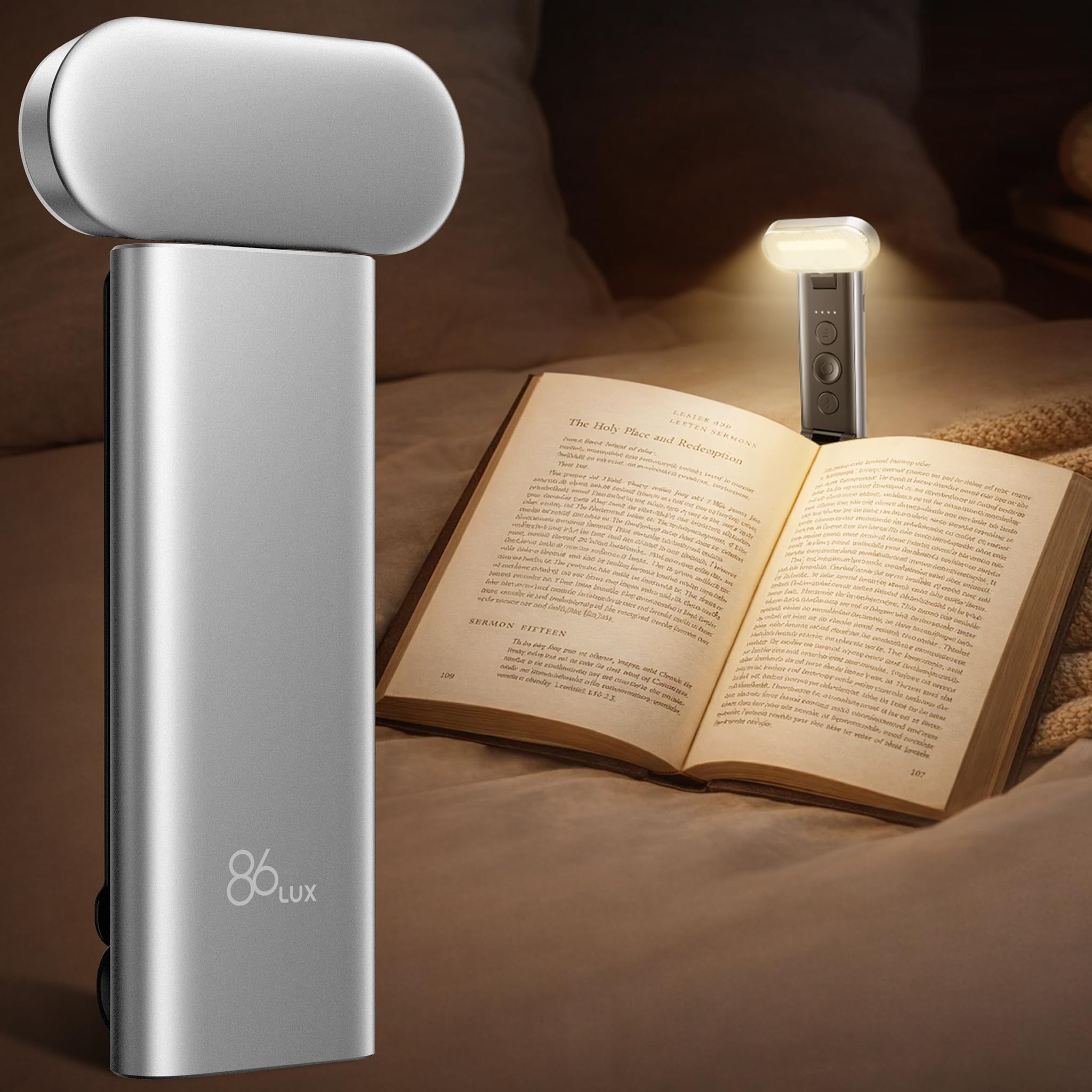 86lux Book Light, Reading Light for Book in Bed, USB Rechargeable LED Night Light with 3 Colors & Limitless Dimming,Bookmark Light for Book Lovers,