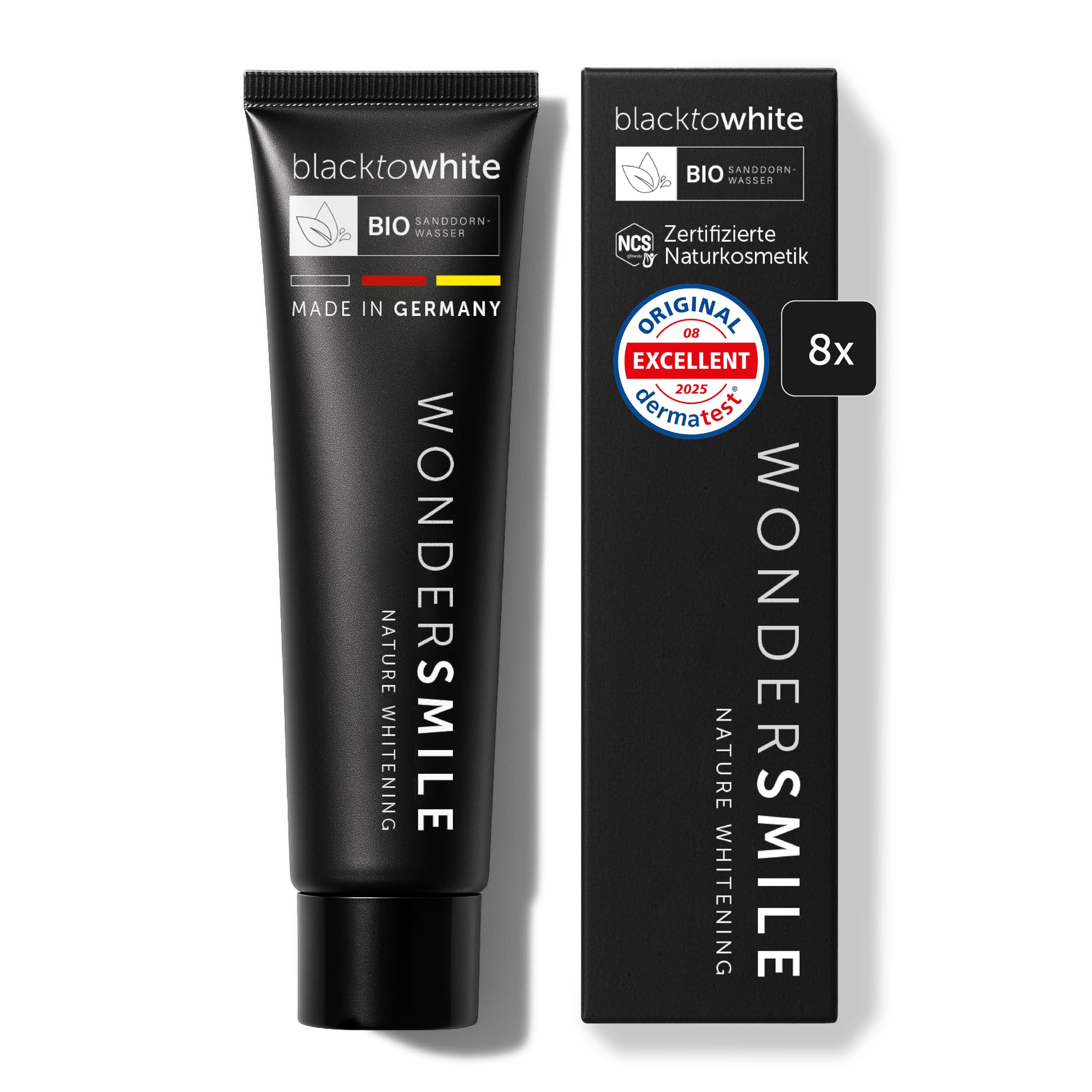 Wondersmile Aktivkohle Zahnpasta Mint – sanftes Whitening - Fluorid 1450 ppm - inkl. BIO Sanddornwasser & Hyaluron - NCS-zertifizierte Naturkosmetik - 100% vegan (8er Pack)