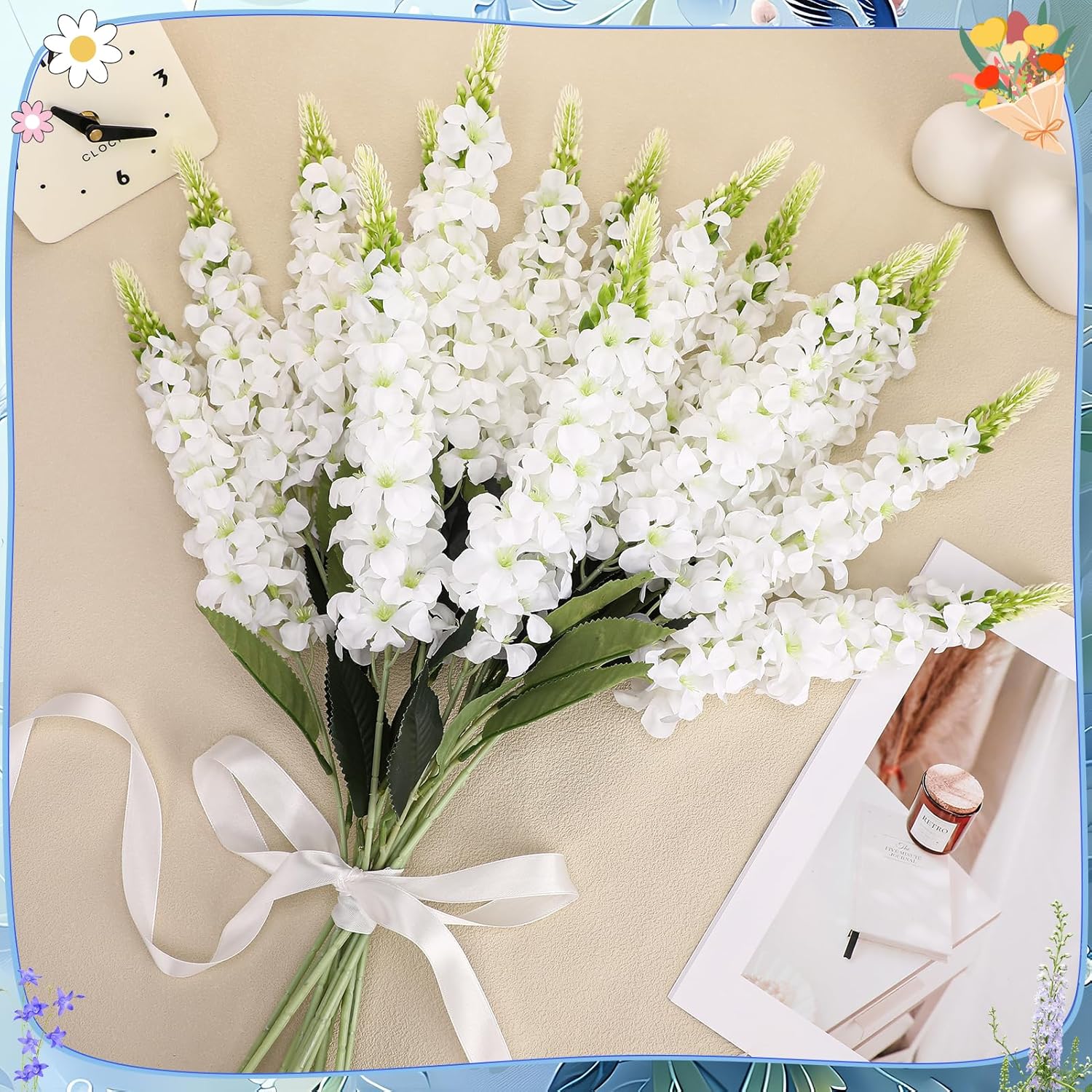 15 Pcs Delphinium Artificial Flowers for Decoration, 27.5 Inch Long Stem Larkspur Fake Flowers White Faux Silk Bouquets for Tall Vase Wedding Home Decor Floral Arrangements(White)