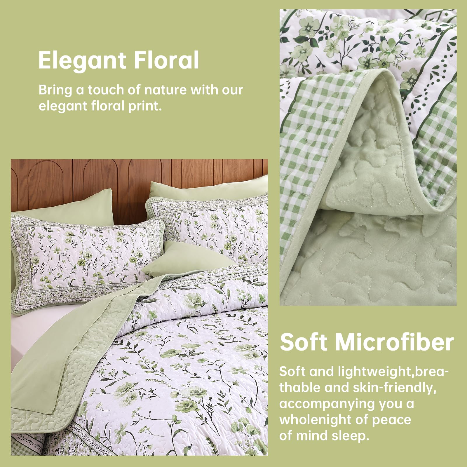 WONGS BEDDING Bettwäsche-Set mit Blumenmuster, Queen-Size-Größe, Salbeigrün, Tagesdecken-Set mit 2 Kissenbezügen, Mikrofaser, leicht, Blumen, botanische Bettwäsche-Sets für alle Jahreszeiten (243,8 x