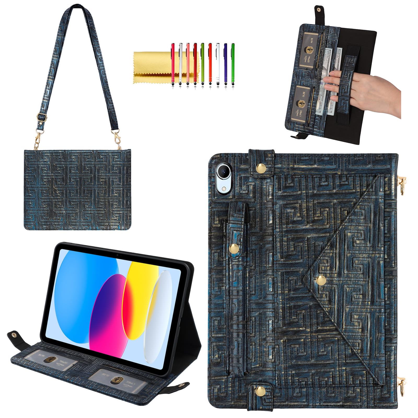 Handbag Case for iPad A16 11th/10th Generation (2025/2022) 11-inch - Techcircle Vintage Maze Pattern Crossbody Folio Stand Cover w/Pencil Holder, Card