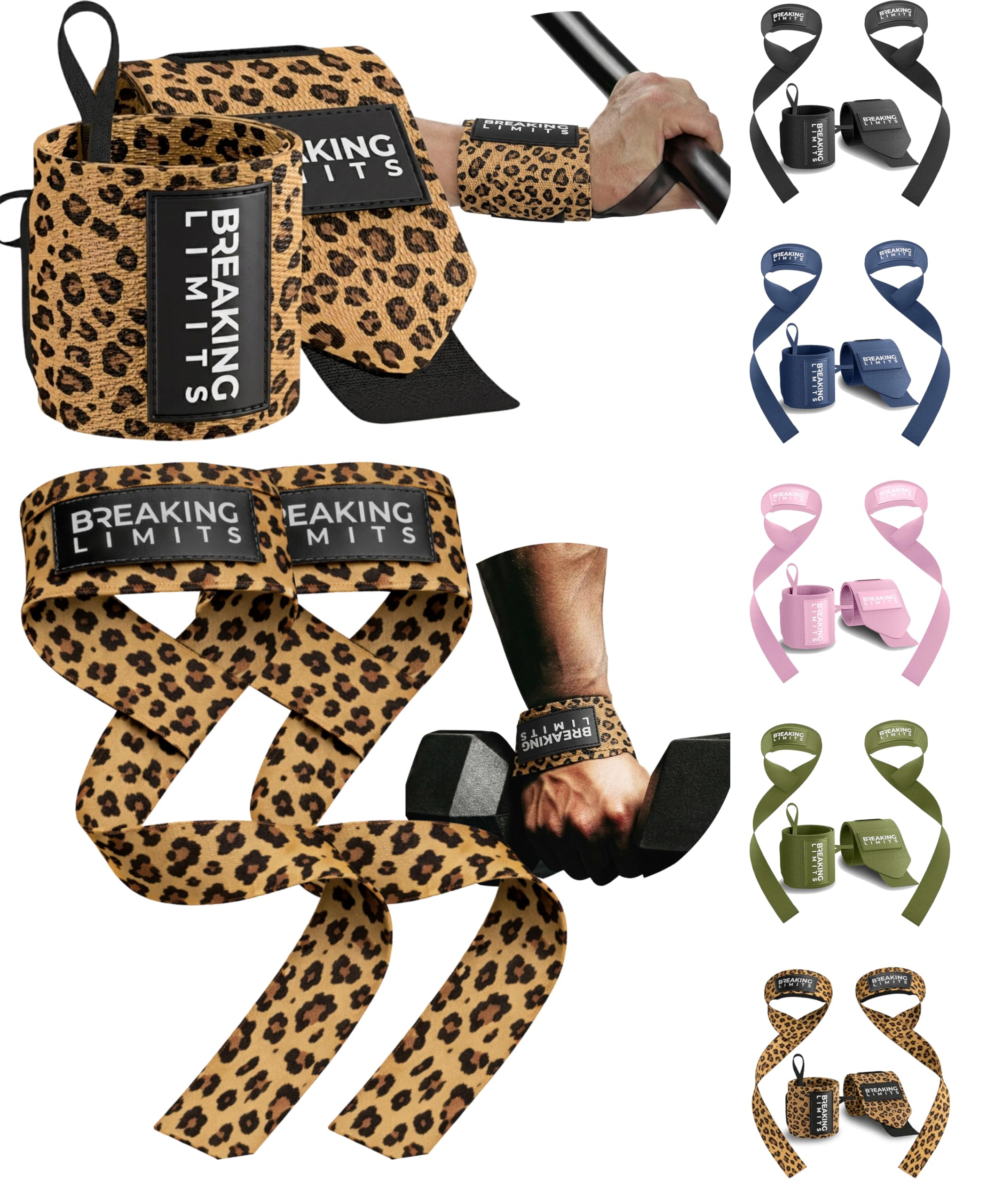 Breaking Limits Gym Straps Weight Lifting Wrist Wraps Bundle – Workout Lifting Straps for Deadlift – Wrist Straps for Weightlifting Men & Women - Muñequeras Para Gym (Leopard)
