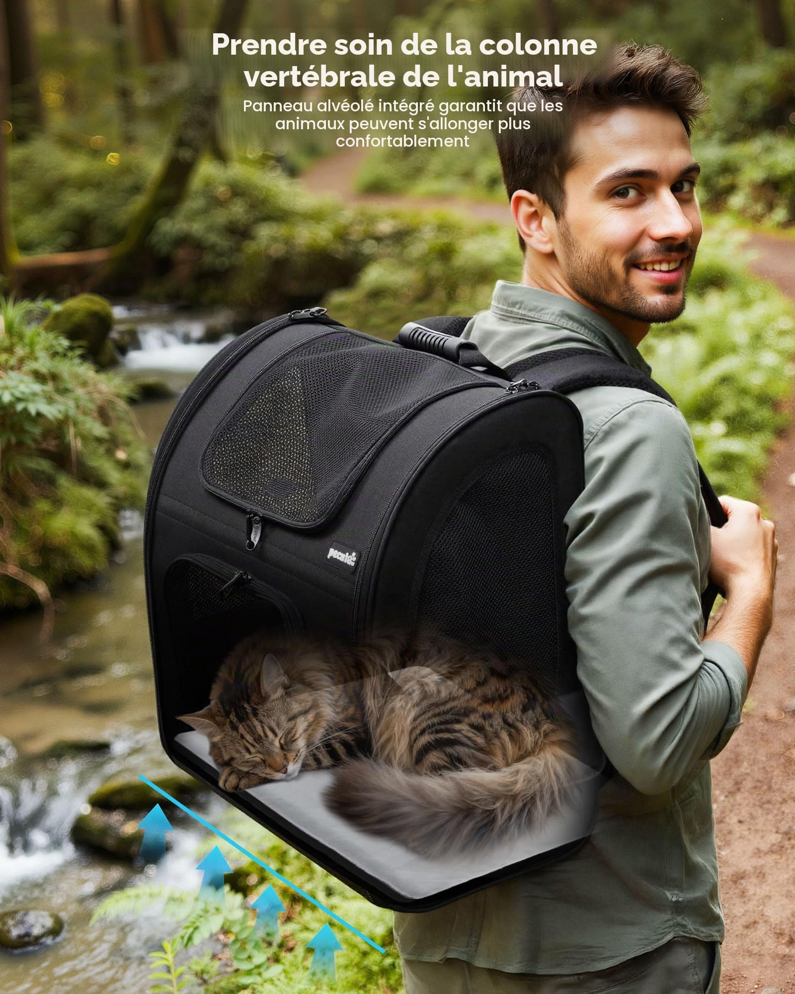 pecute Sac à Dos Chat Chien Respirant Grand, Sac Transport Chat, Noir | Confortable Sac Transport pour Chien , Stable Sac à dos Chien avec Laisse de Sécurité Intérieure et Tapis pour Voyage