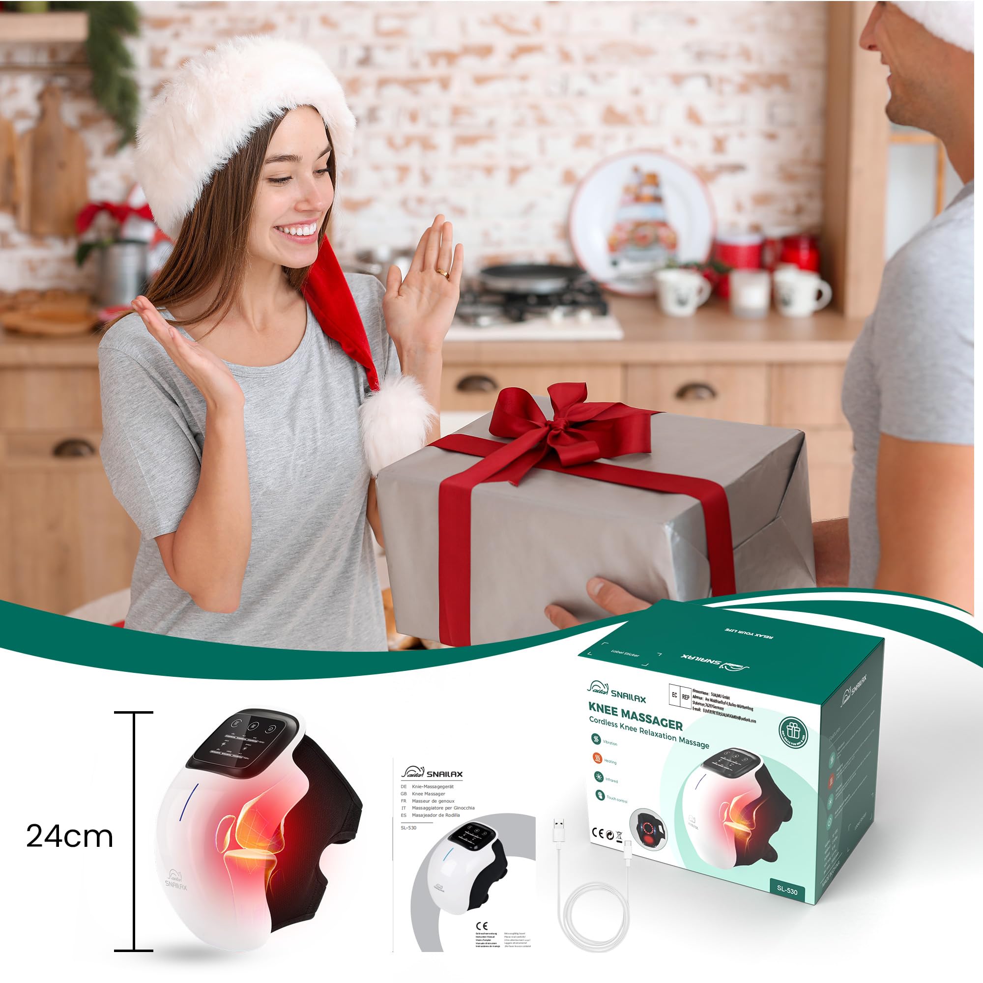 Snailax masajeador de rodilla con luz roja y calor, masajeador inalámbrico para rodillas con 3 temperaturas | 3 modos de masaje con vibración | Láser e infrarrojos | Batería potente