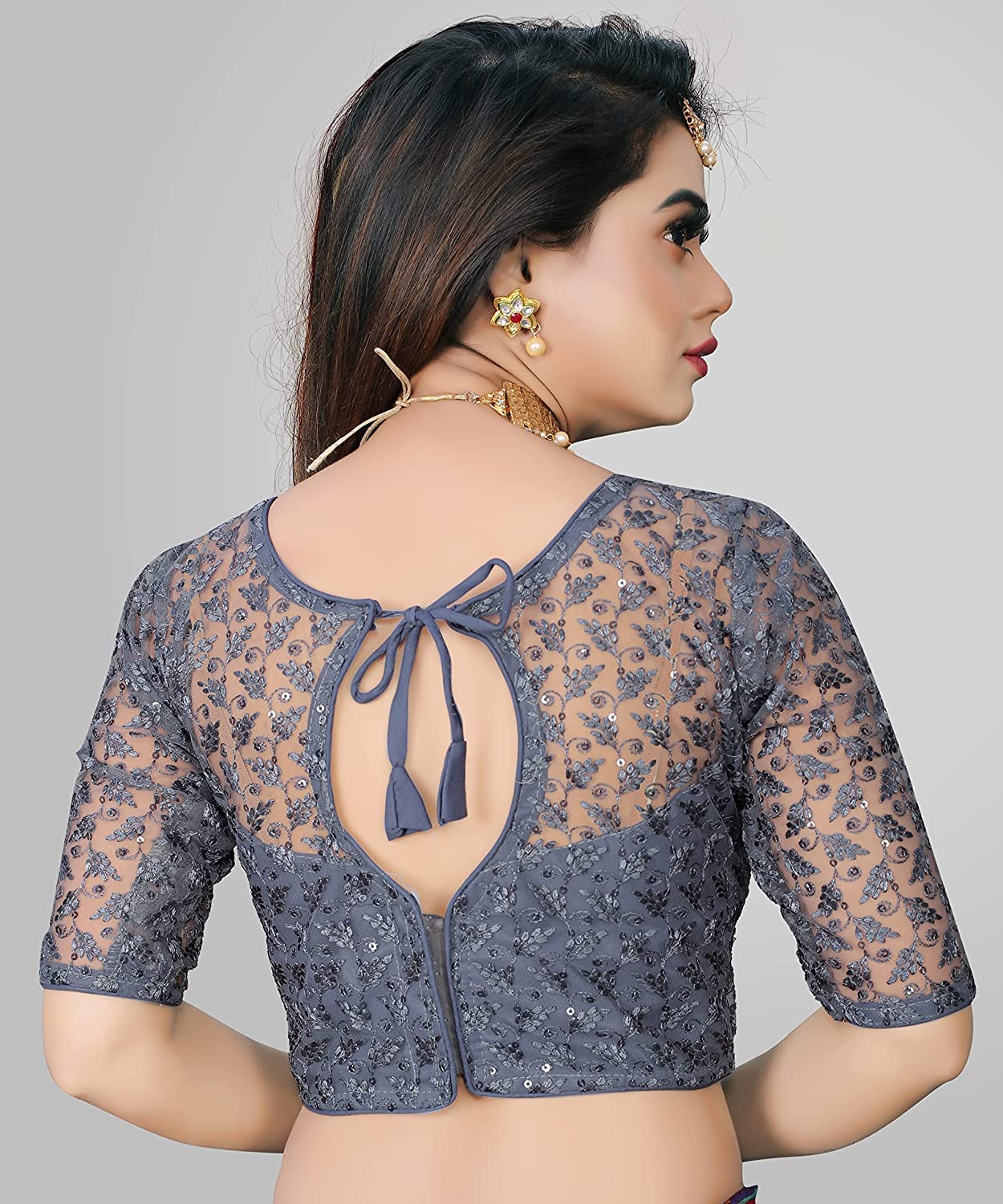 Pujia Mills Women's Shipali Net Work Half Sleeves Blouse (Shipli Patti_Grey_38)