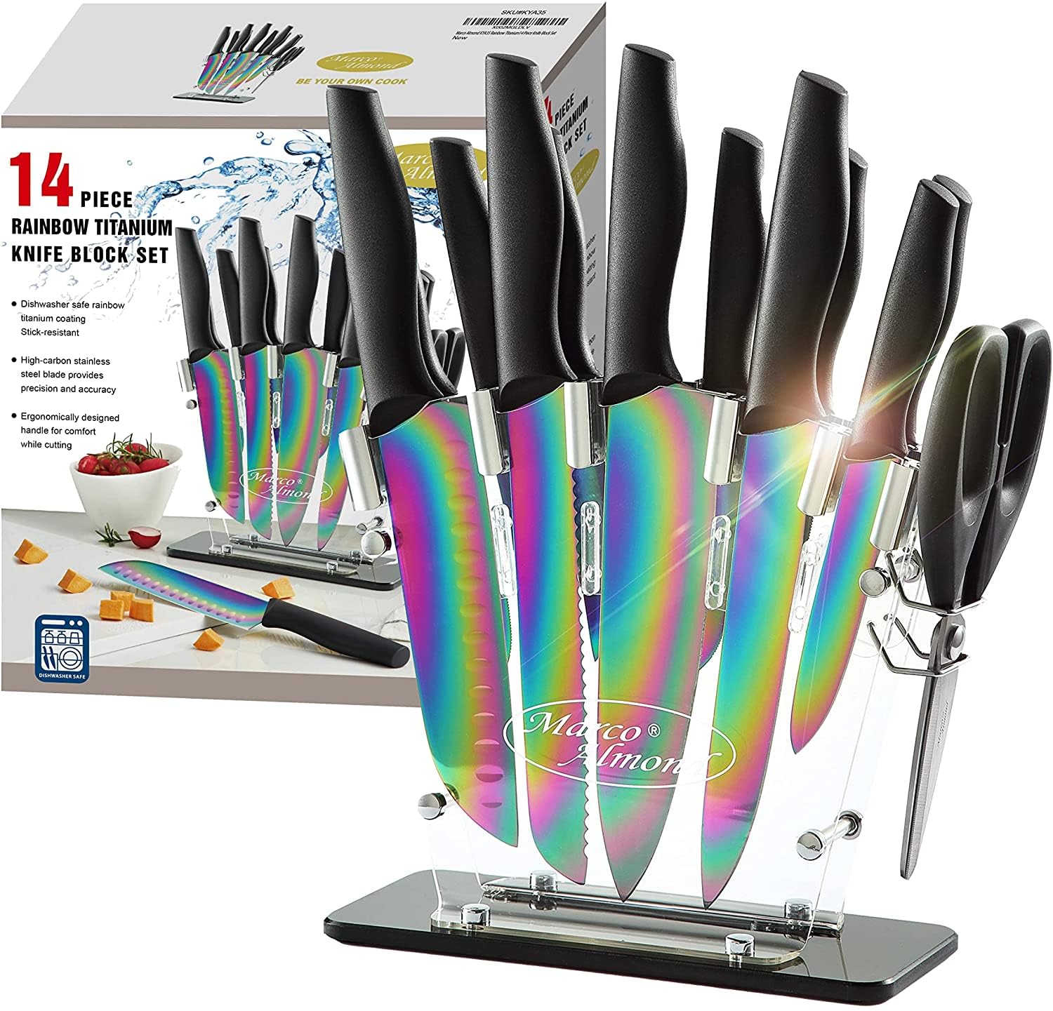 Marco Almond Knife Block Set 14-Piece Rainbow Color Stainless Steel Knife Sets for Kitchen with block KYA35 Chef