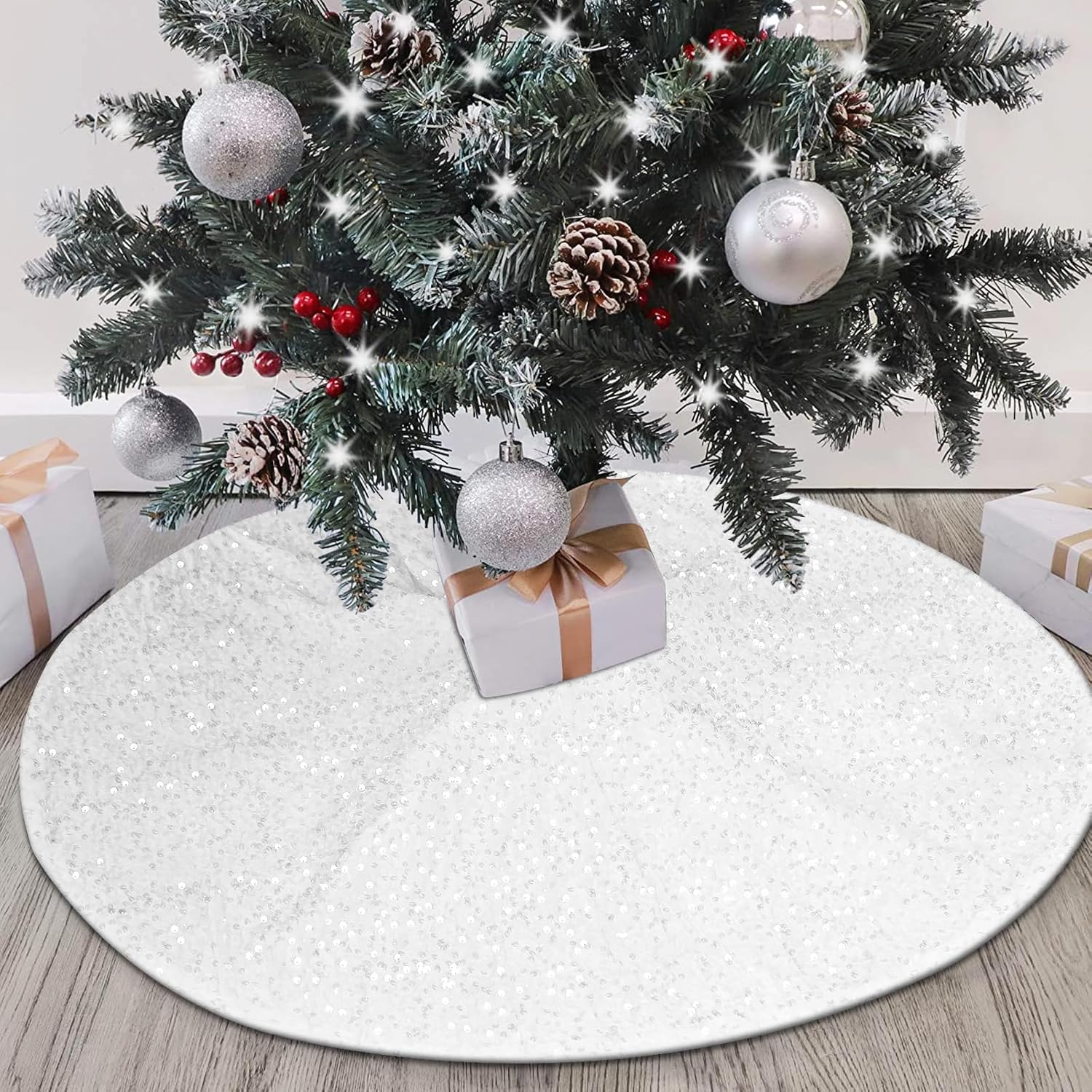Ivarunner White Christmas Tree Skirt, Mini Sequin Tree Skirt 24 inches