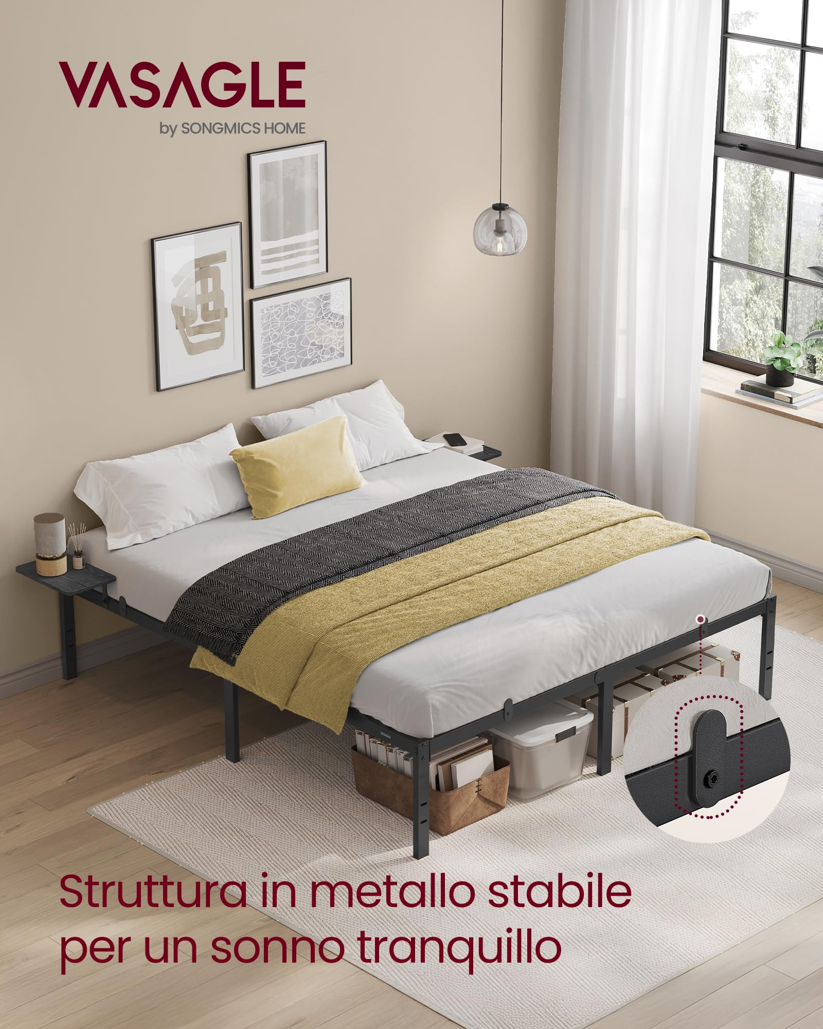 Telaio Basso Per Letto Matrimoniale 7,6 Cm – Base In Metallo Resistente, Angoli Arrotondati, Antirumore, Nero, Facile Montaggio