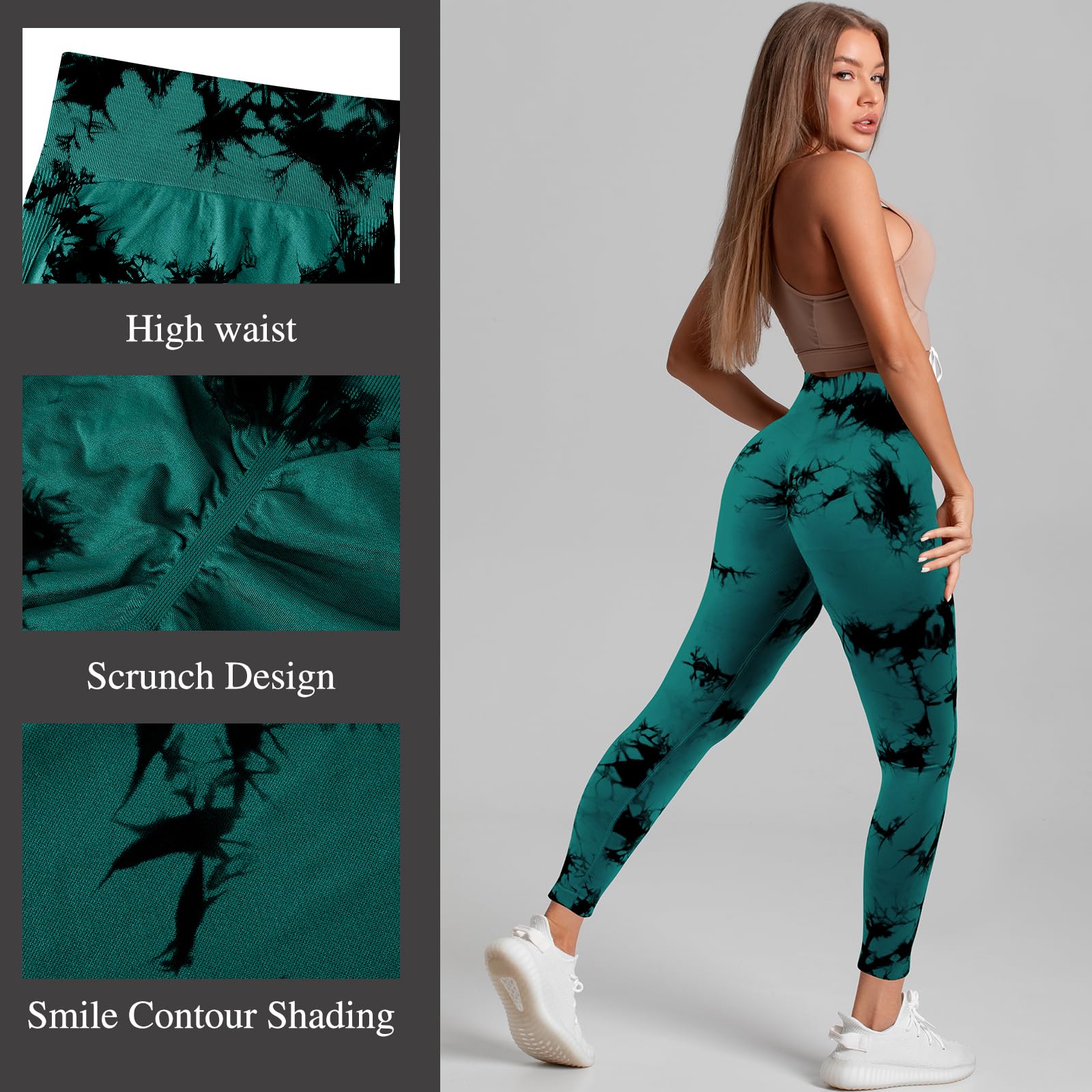 Geyoga Paquete de 3 leggings para mujer, teñido anudado, sin costuras, elásticos, levantamiento de glúteos, entrenamiento, para gimnasio