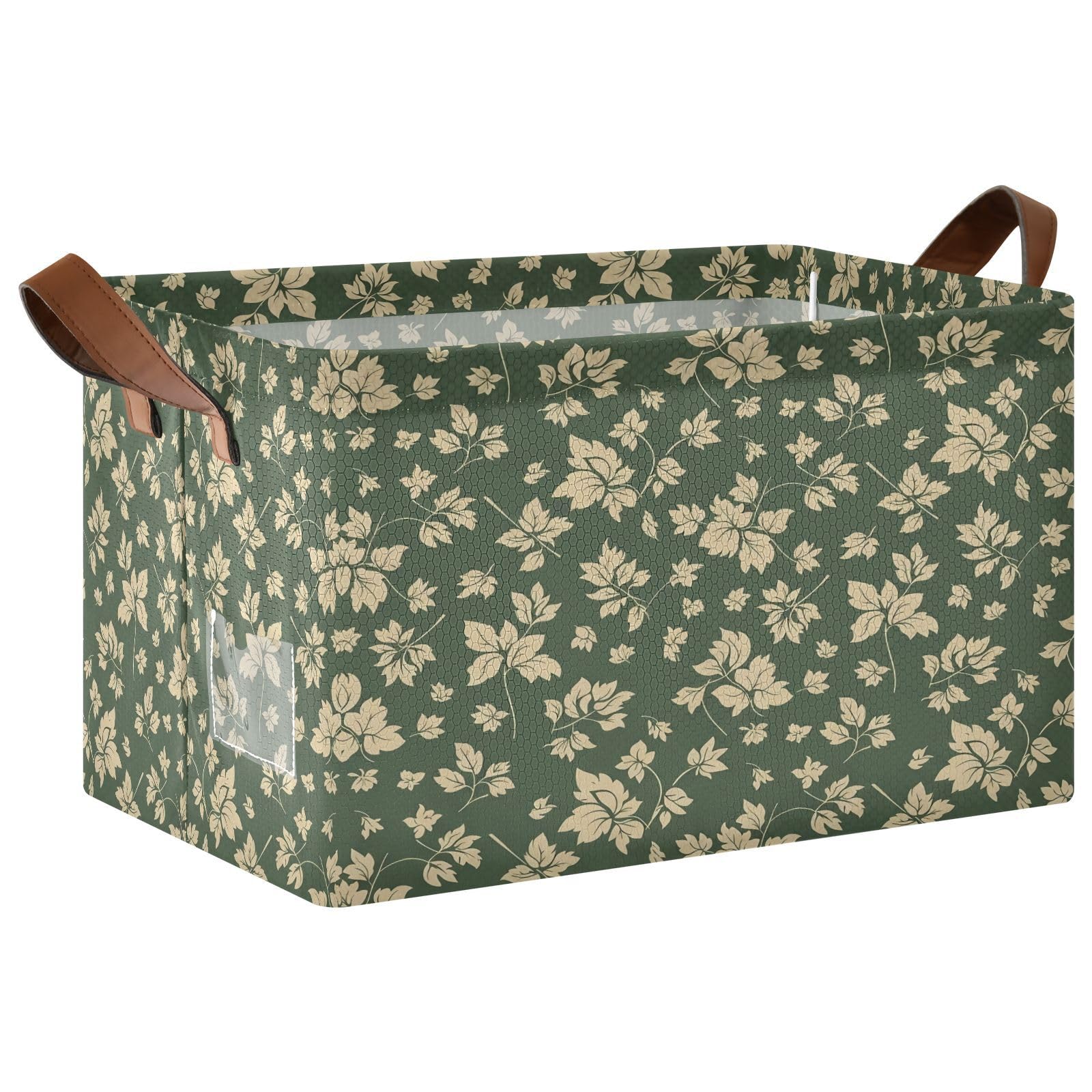 Cgiub Beige Leaves Dark Green Storage Basket Waterproof Foldable Storage Bin Baby Laundry Basket Closet Organiser for Nursery Decor Home Organizing