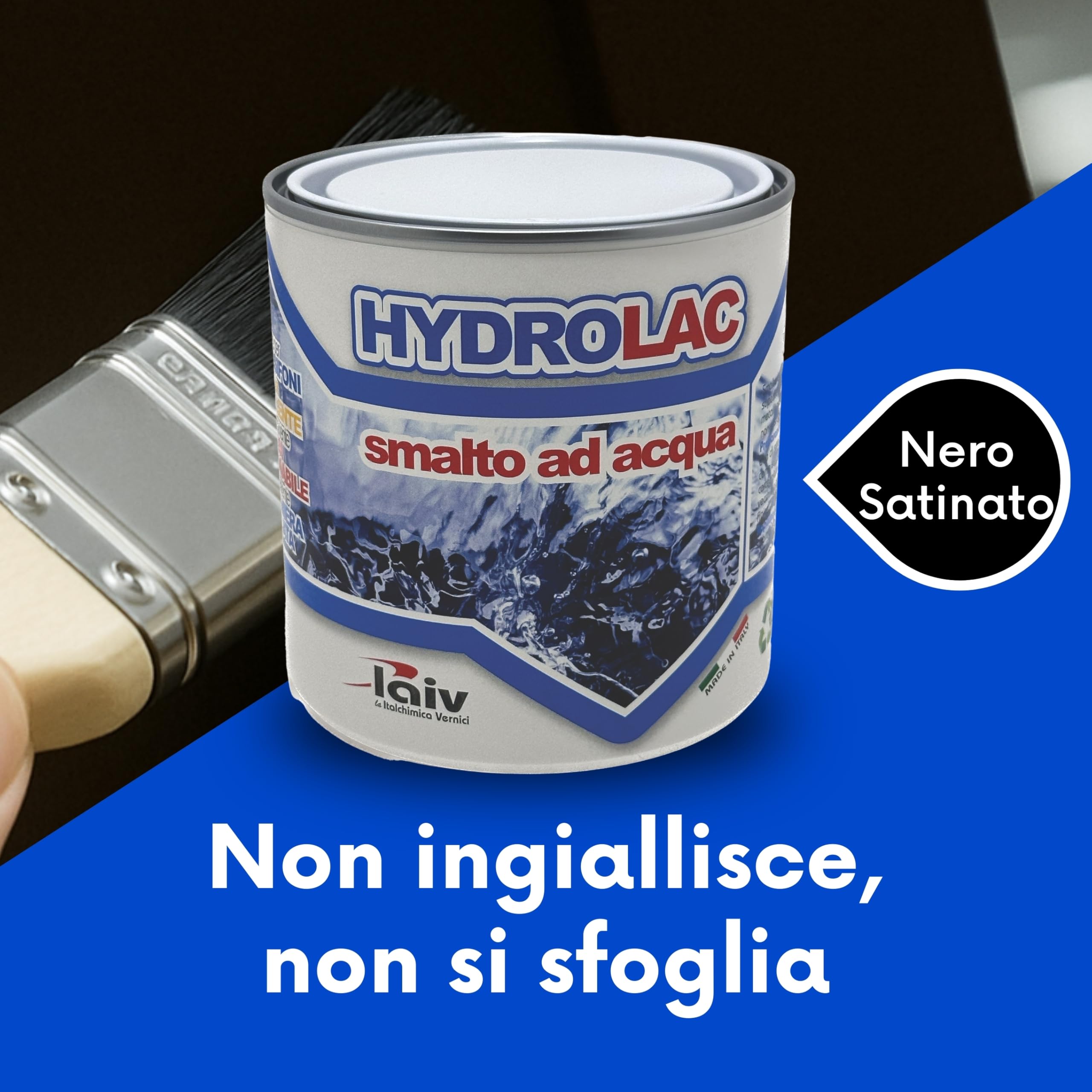 laiv Smalto Acrilico all'Acqua per Interni ed Esterni – 2,5 LITRI - Inodore, Rapida Essiccazione, Non Infiammabile – Uso Professionale Ecologico - Hydrolac - Nero Satinato